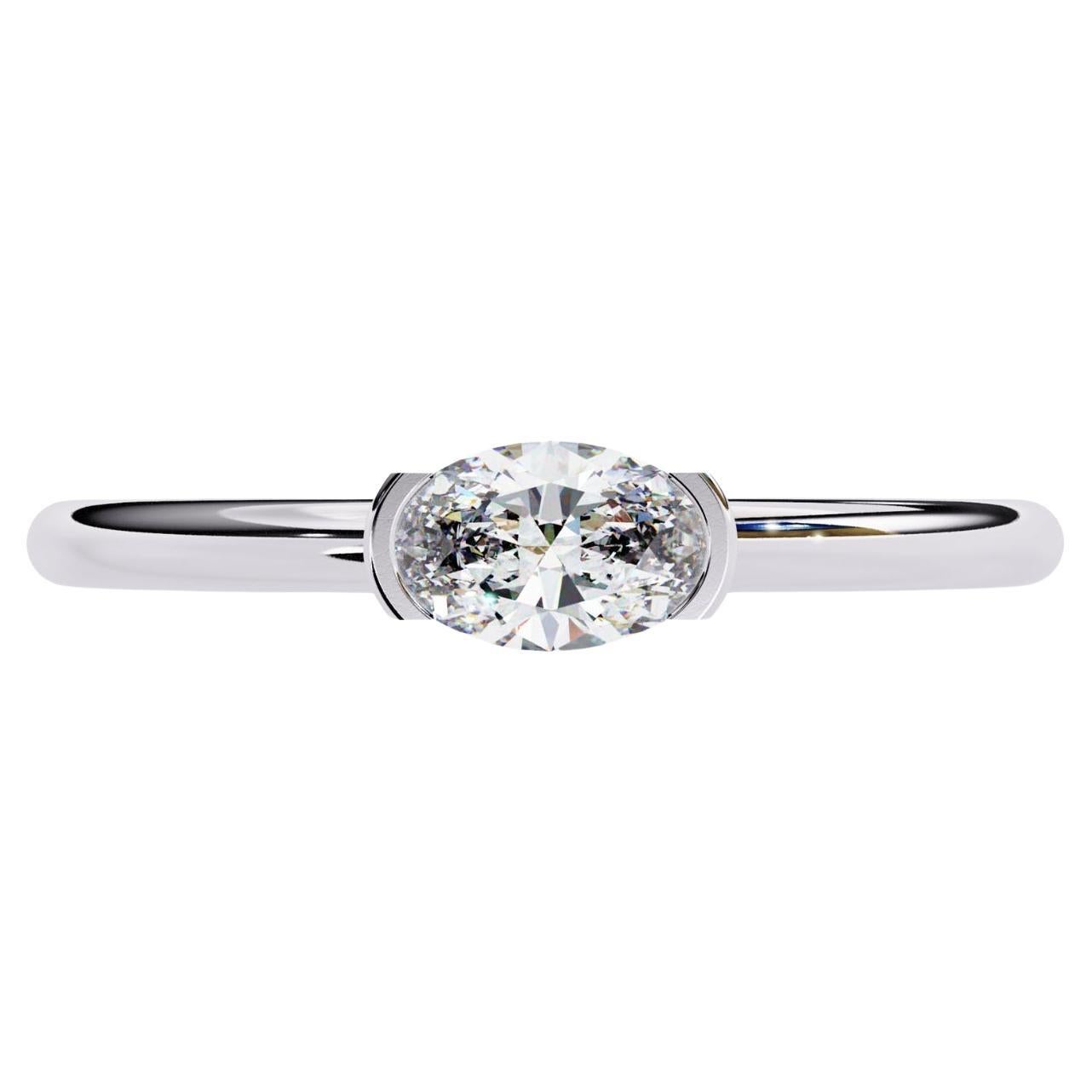 1/3 Ct, Oval Diamond Ring, Half Bezel Diamond Band, 14K Solid Gold, SI GH For Sale