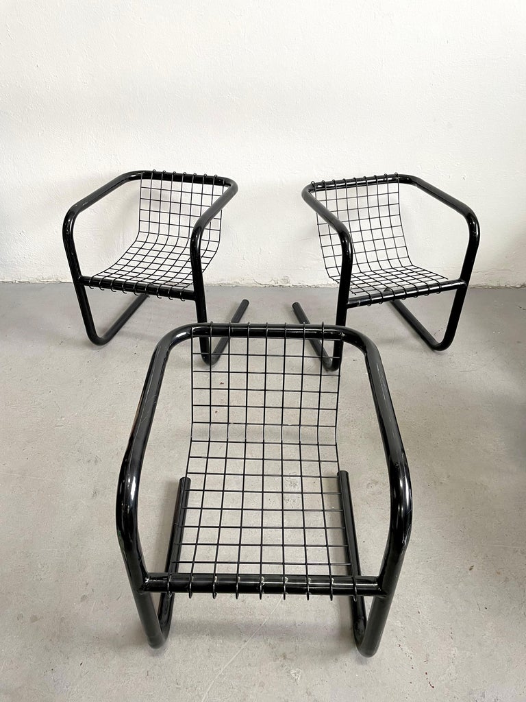 1/3 Vintage MidCentury 1970's Cantilever Lacquered Metal Chair, Mesh