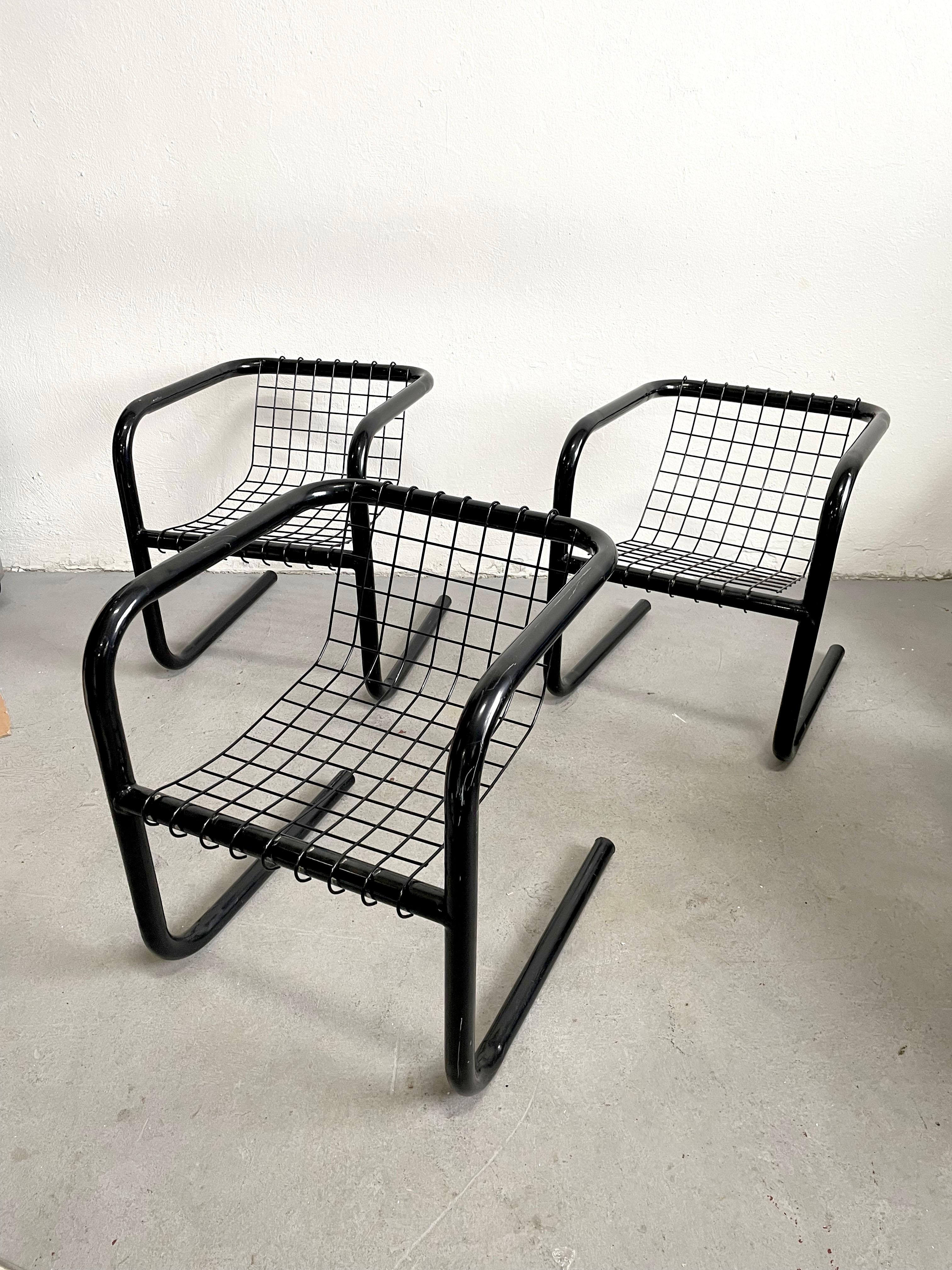 European 1/3 Vintage Mid-Century 1970's Cantilever Lacquered Metal Chair, Mesh Metal Seat For Sale