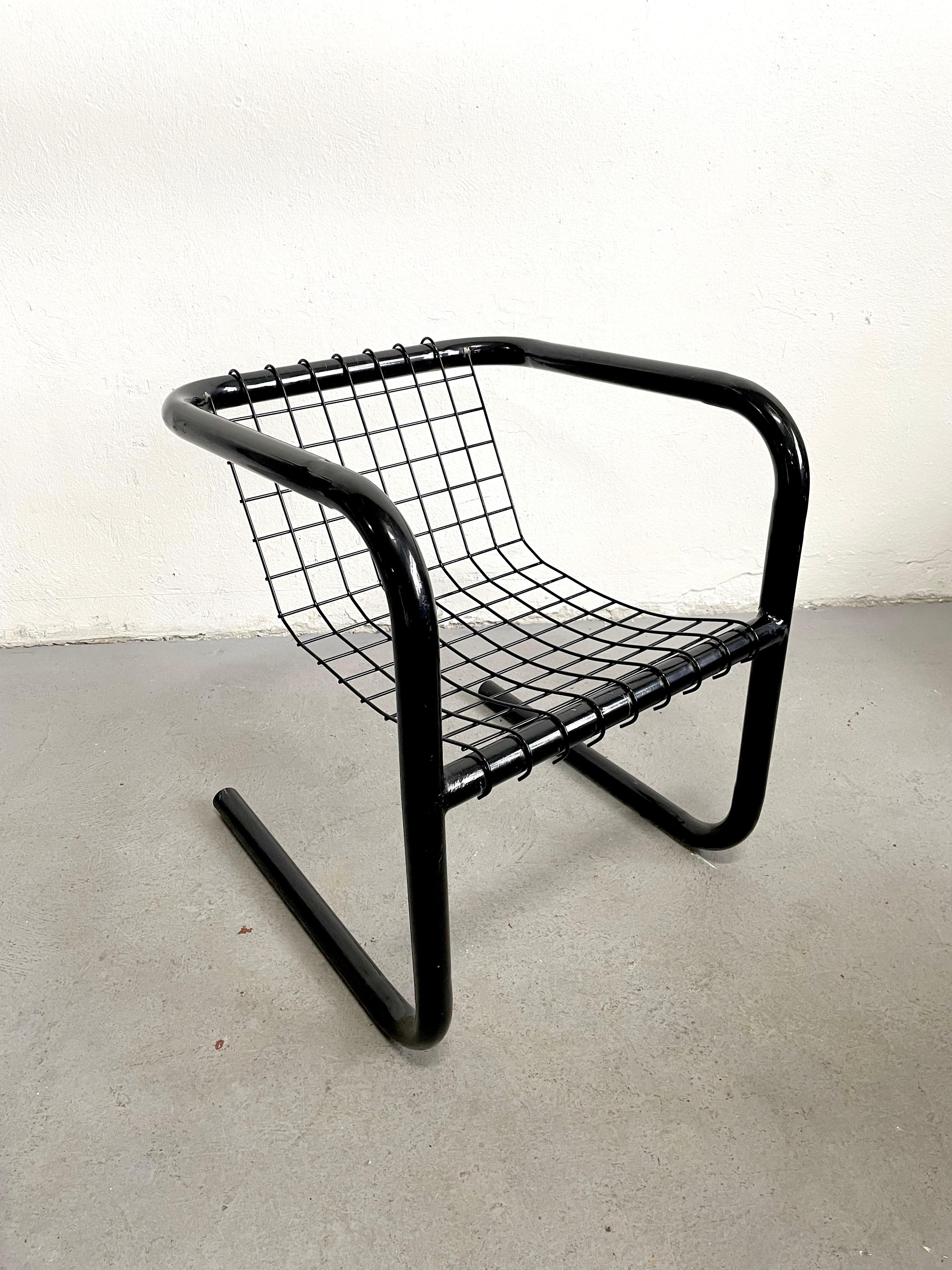 1/3 Vintage Mid-Century 1970's Cantilever Lacquered Metal Chair, Mesh Metal Seat For Sale 1