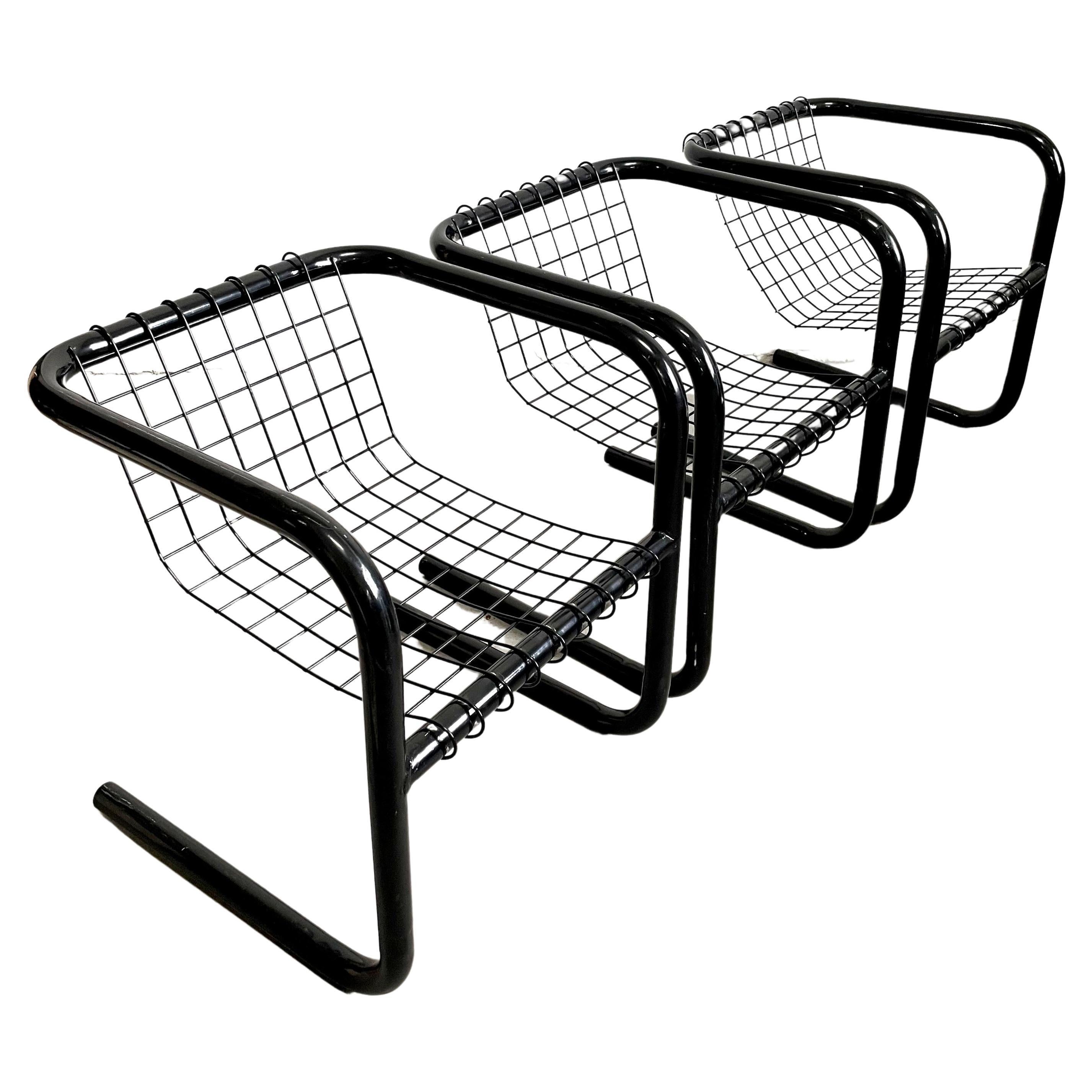 1/3 Vintage Mid-Century 1970's Cantilever Lacquered Metal Chair, Mesh Metal Seat For Sale