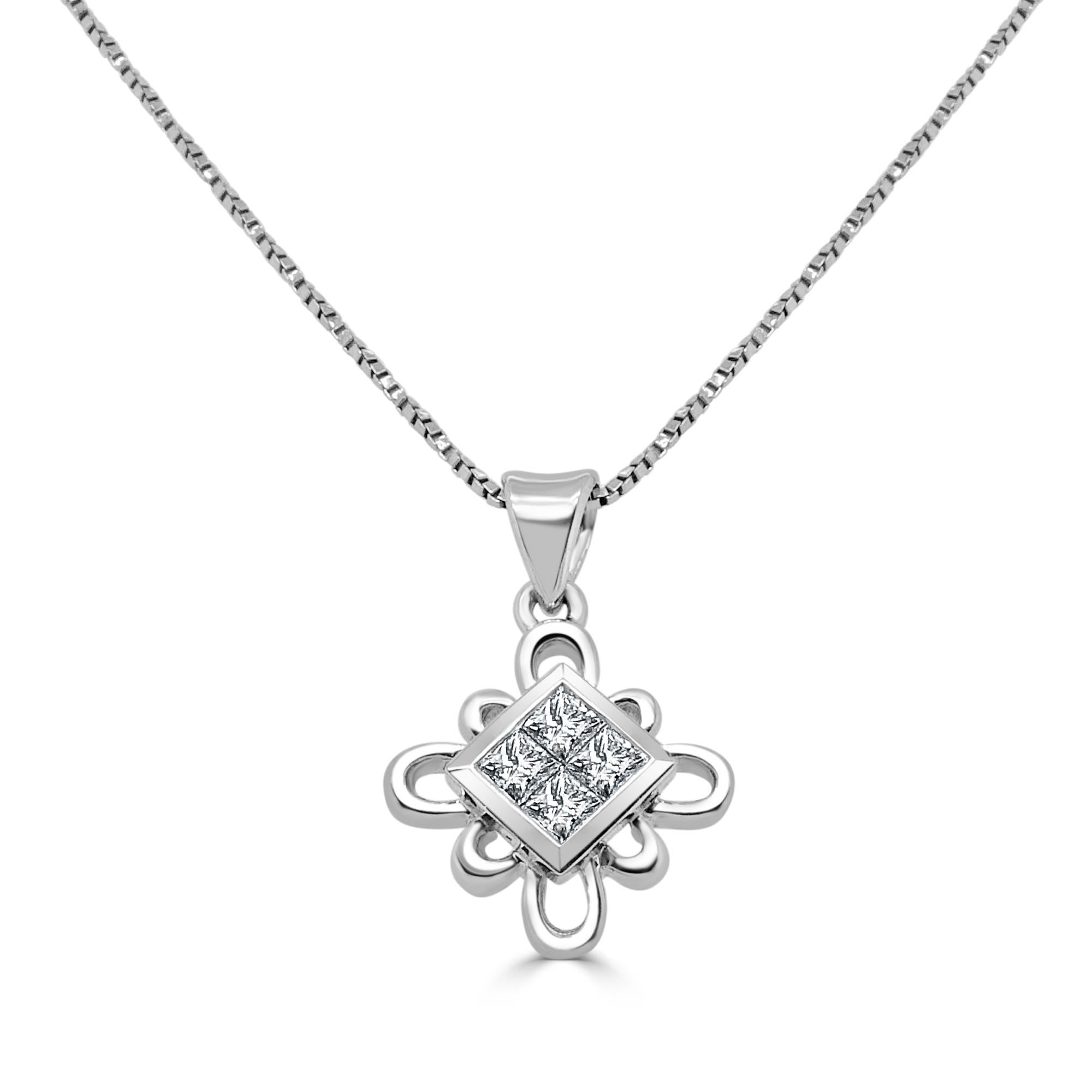 This opulent kite shape diamond pendant adds a spark of eternity to your loved ones style. 18 Karat White Gold Kite Pendant is accented with 0.23 Carats Diamonds (total weight).Gentle and elegant heart shape pendant is crafted in a sleek white gold.
