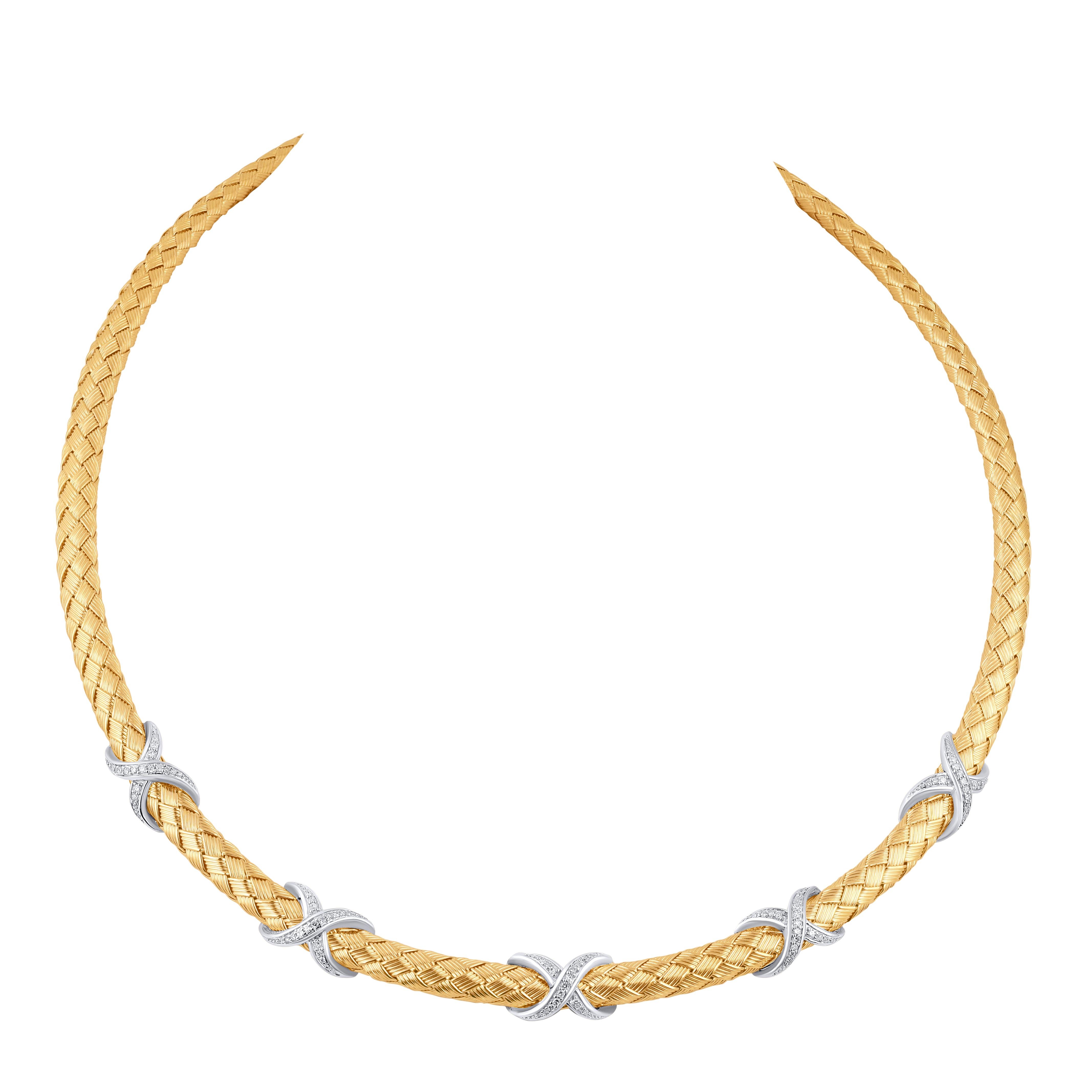 A beautifully designed Italian made Mesh Gold necklace studded with 85 diamonds in pave setting expertly crafted in 14-Karat Yellow Gold. The diamonds are graded I-J Color, I1 Clarity.