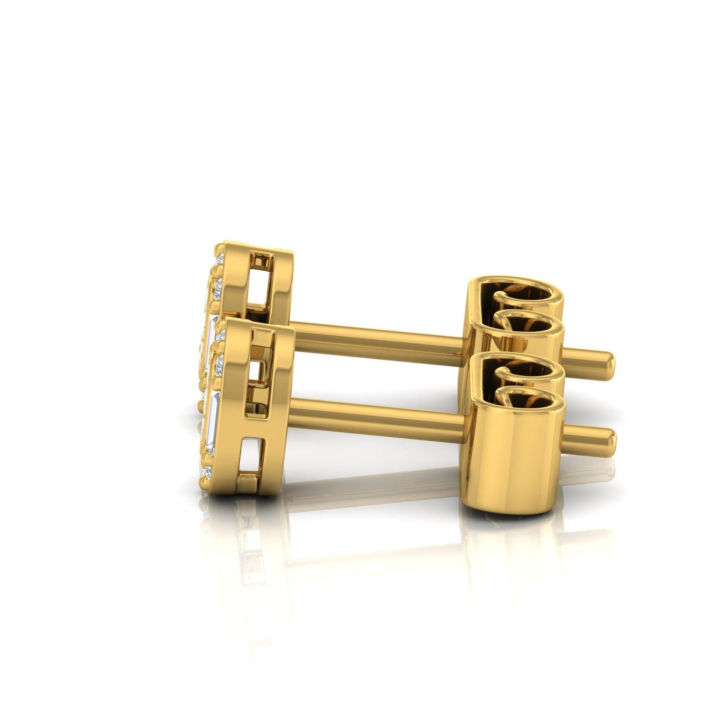 Baguette Cut 1/4 Carat SI/H Baguette Round Diamond Stud Earrings 18 Karat Yellow Gold Jewelry For Sale