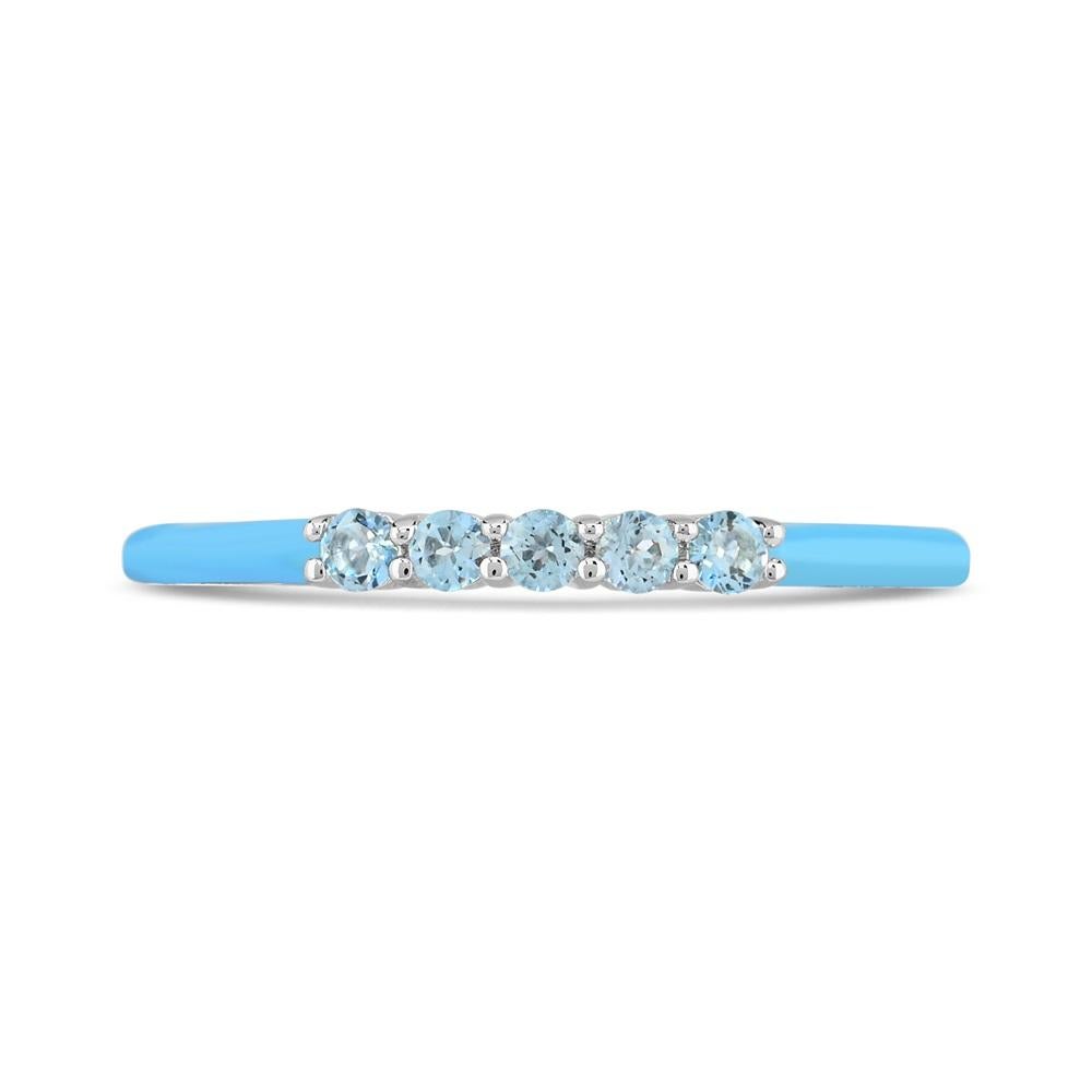 Indulge in an elegant five-stone blue enamel slim bands in sterling silver, featuring five Swiss blue topaz prongs set between blue enamel shank.  Exuding timeless beauty and artistic flair, this delicate ring will enhance any outfit.

Metal: