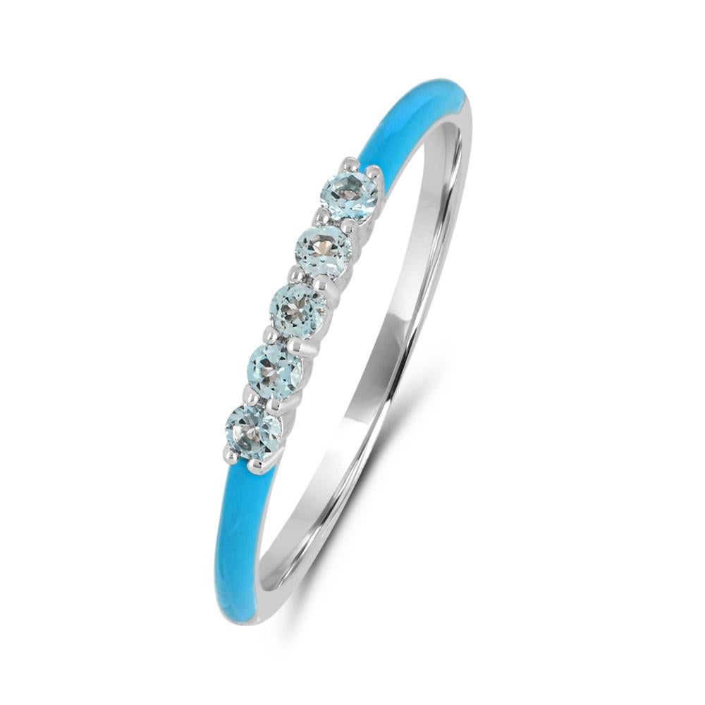 Contemporary 1/4 ct. Swiss Blue Topaz Blue Enamel Shank Sterling Silver Thin Band Ring For Sale