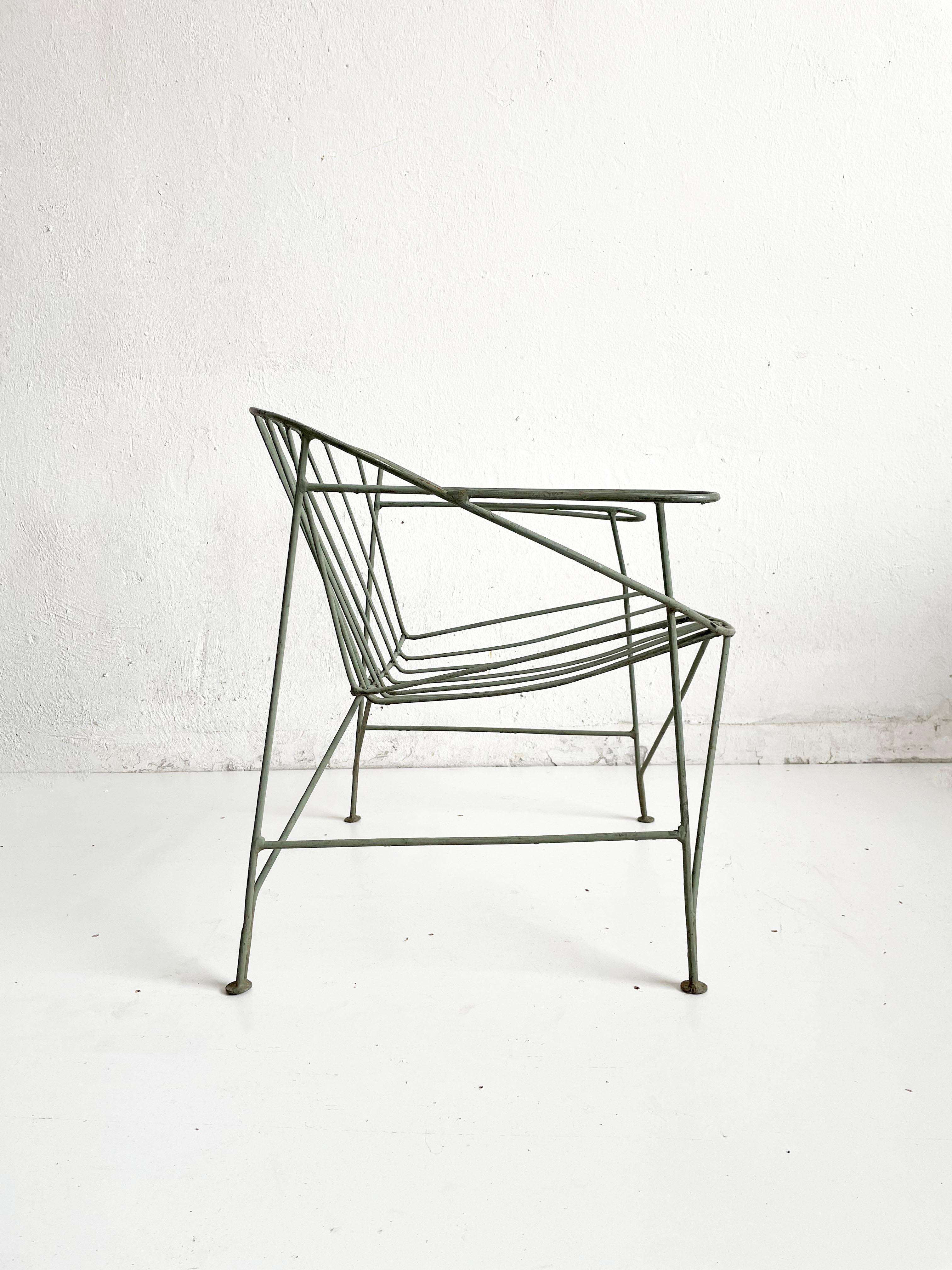 1/4 French Artisanal Mid Century Green Painted Hand Wrought Iron Chair, ca 1950s 5