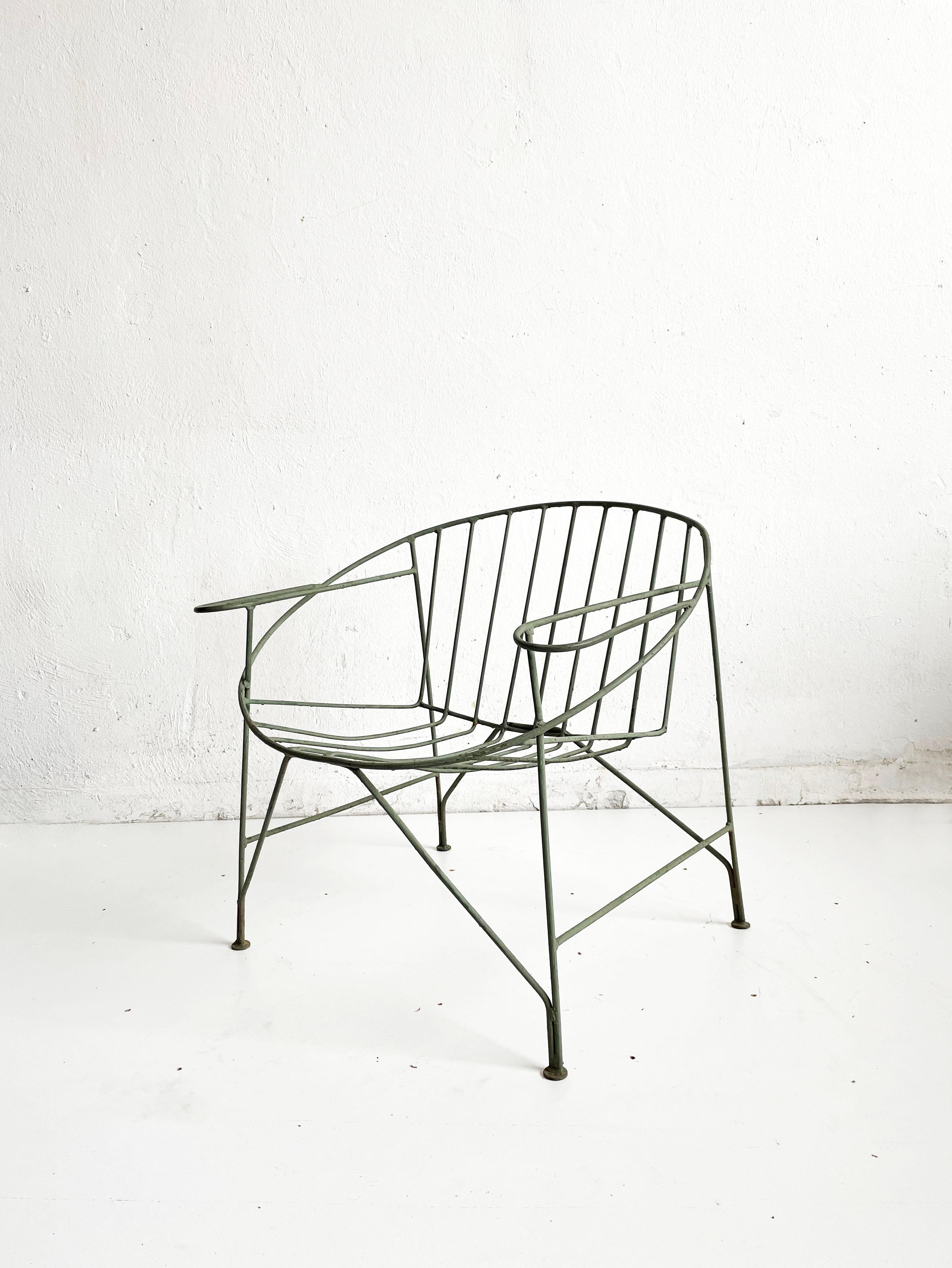 1/4 French Artisanal Mid Century Green Painted Hand Wrought Iron Chair, ca 1950s 8