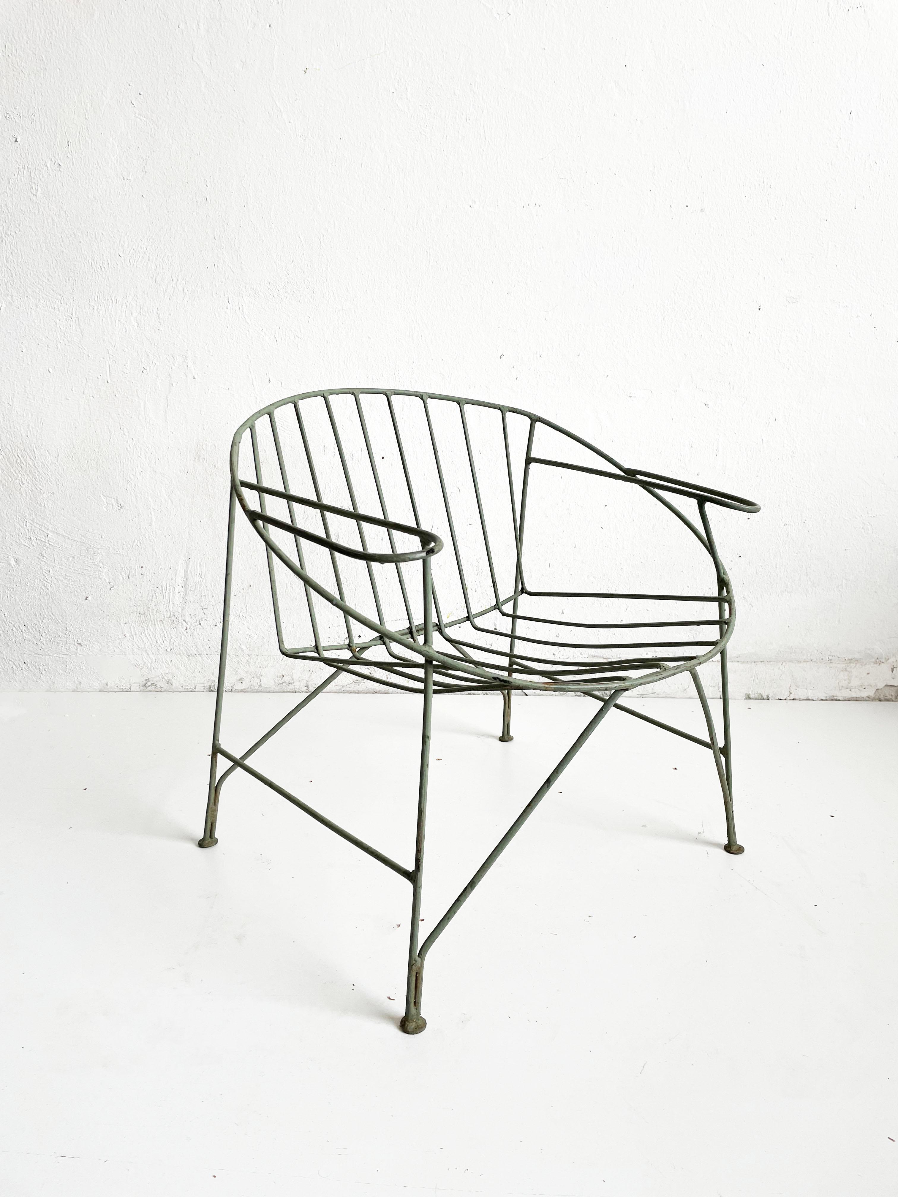 Mid-Century Modern 1/4 French Artisanal Mid Century Green Painted Hand Wrought Iron Chair, ca 1950s