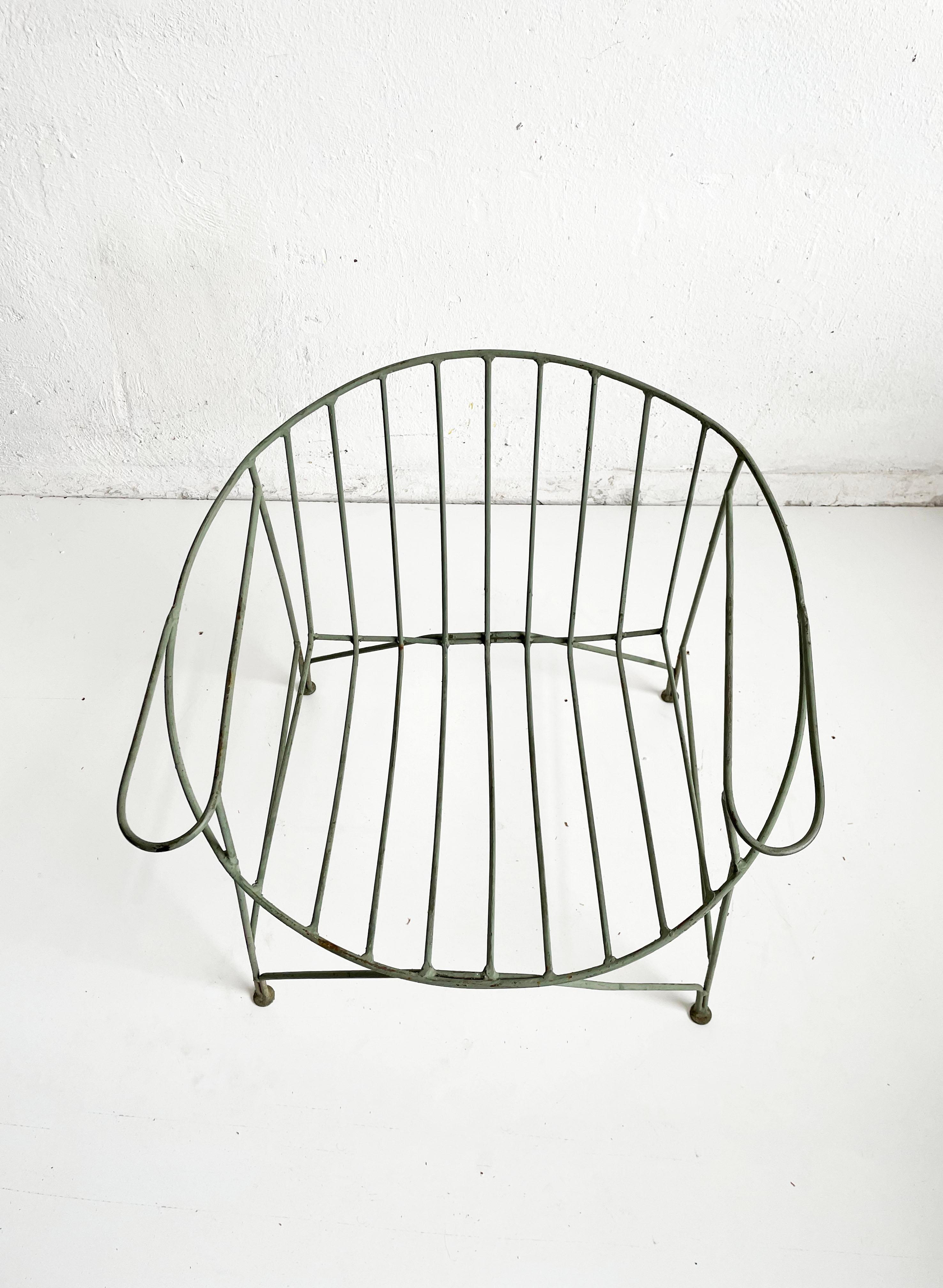 1/4 French Artisanal Mid Century Green Painted Hand Wrought Iron Chair, ca 1950s 1