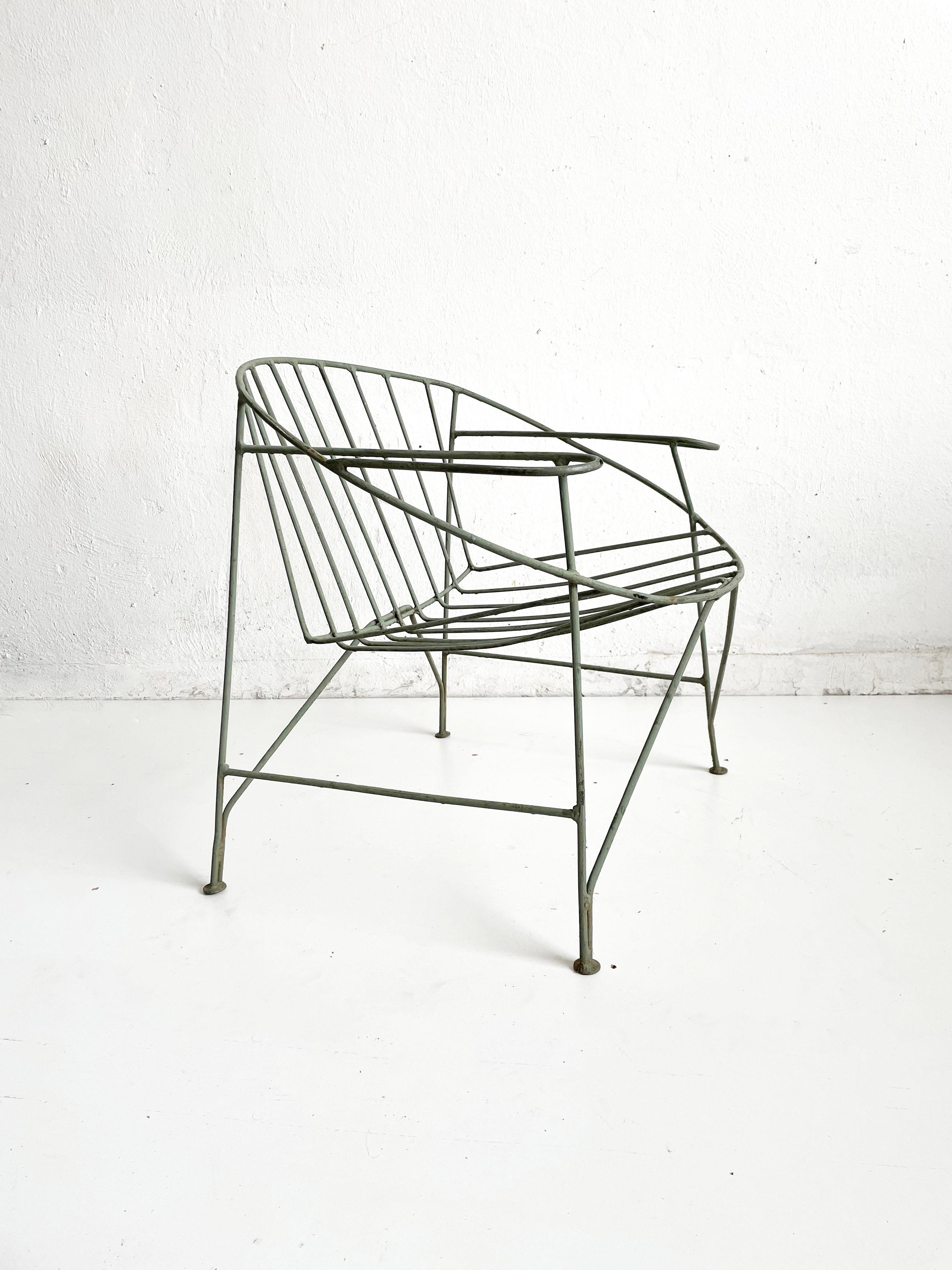 1/4 French Artisanal Mid Century Green Painted Hand Wrought Iron Chair, ca 1950s 4