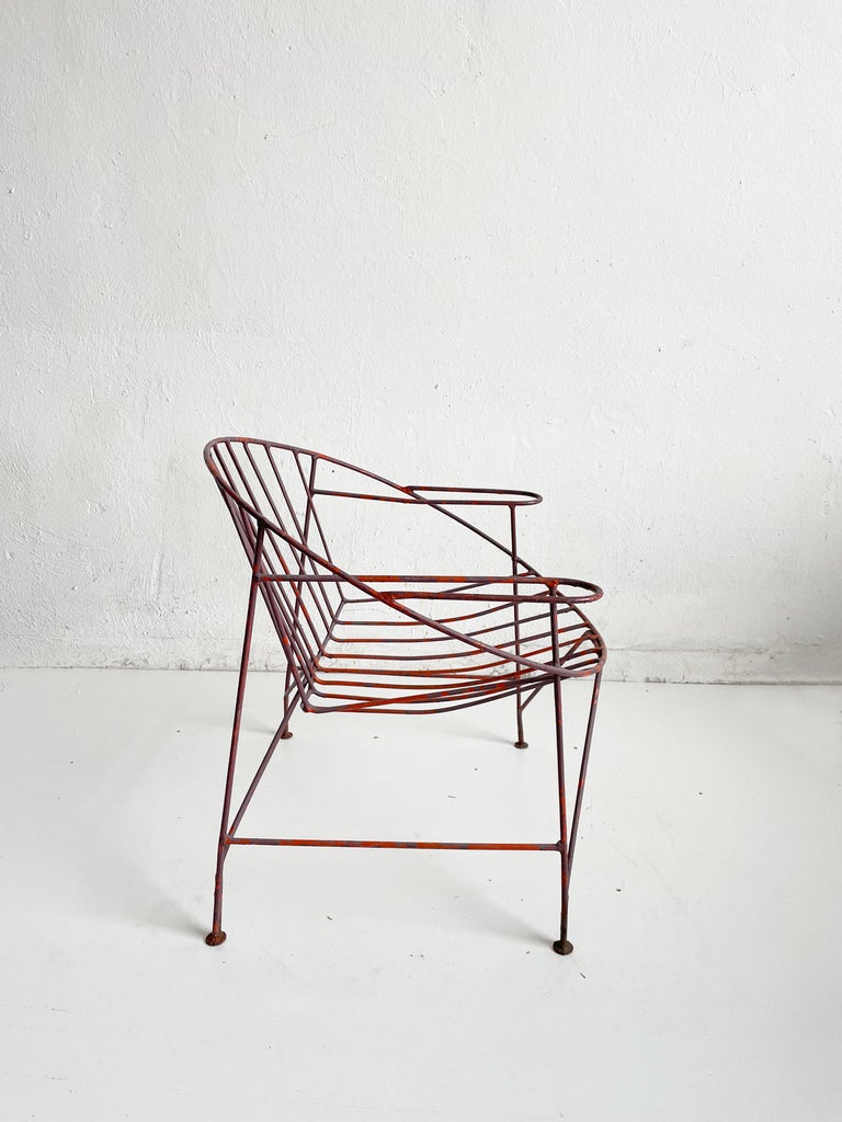 1/4 French Artisanal Mid Century Red Painted Hand Wrought Iron Chair, ca 1950s 5