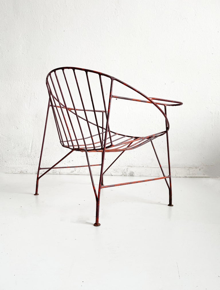 1/4 French Artisanal Mid Century Red Painted Hand Wrought Iron Chair, ca 1950s 7