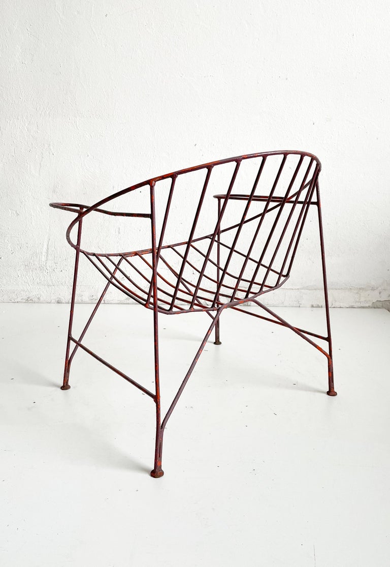 1/4 French Artisanal Mid Century Red Painted Hand Wrought Iron Chair, ca 1950s 9