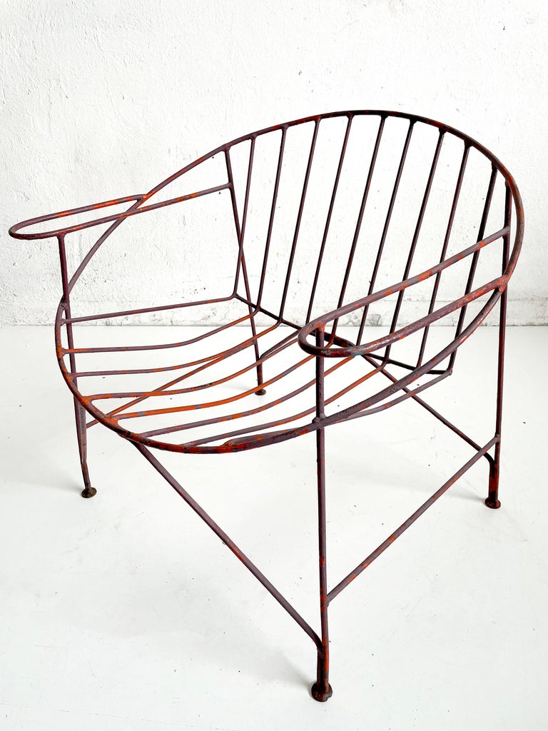 1/4 French Artisanal Mid Century Red Painted Hand Wrought Iron Chair, ca 1950s 11