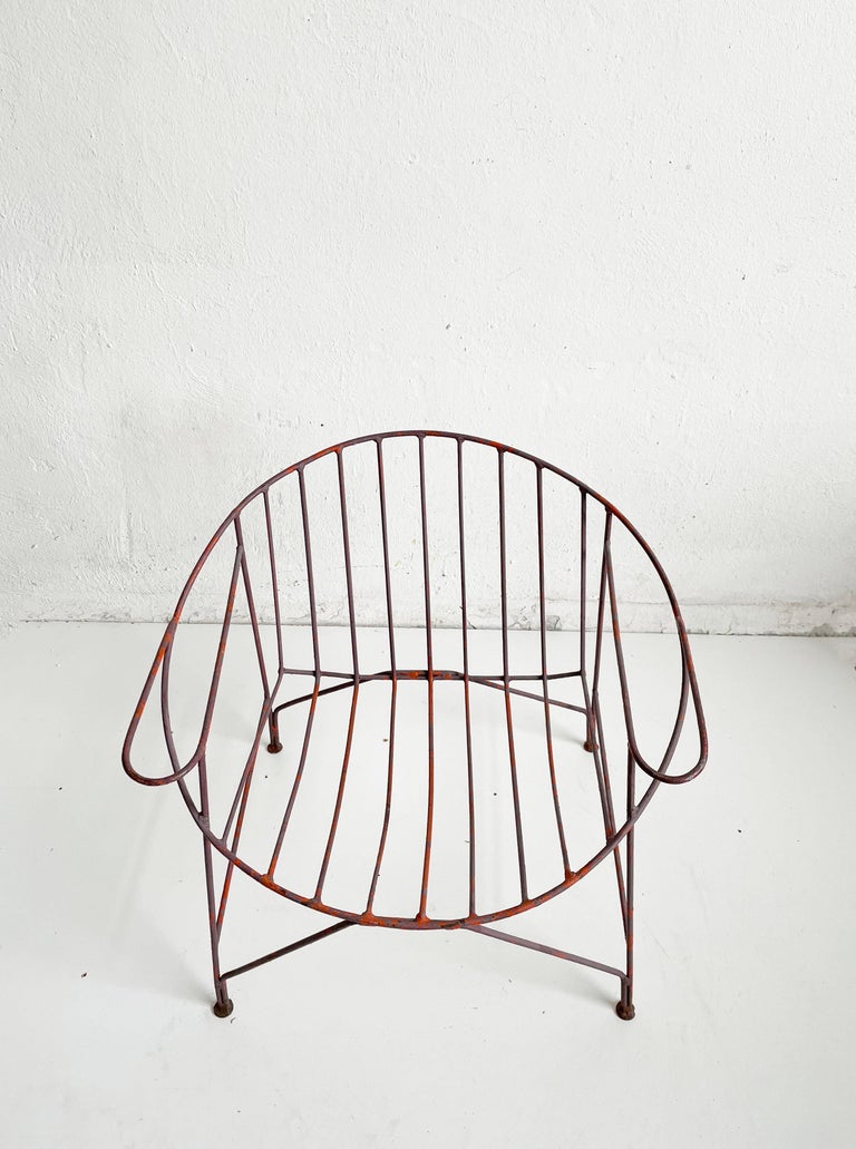 1/4 French Artisanal Mid Century Red Painted Hand Wrought Iron Chair, ca 1950s 1