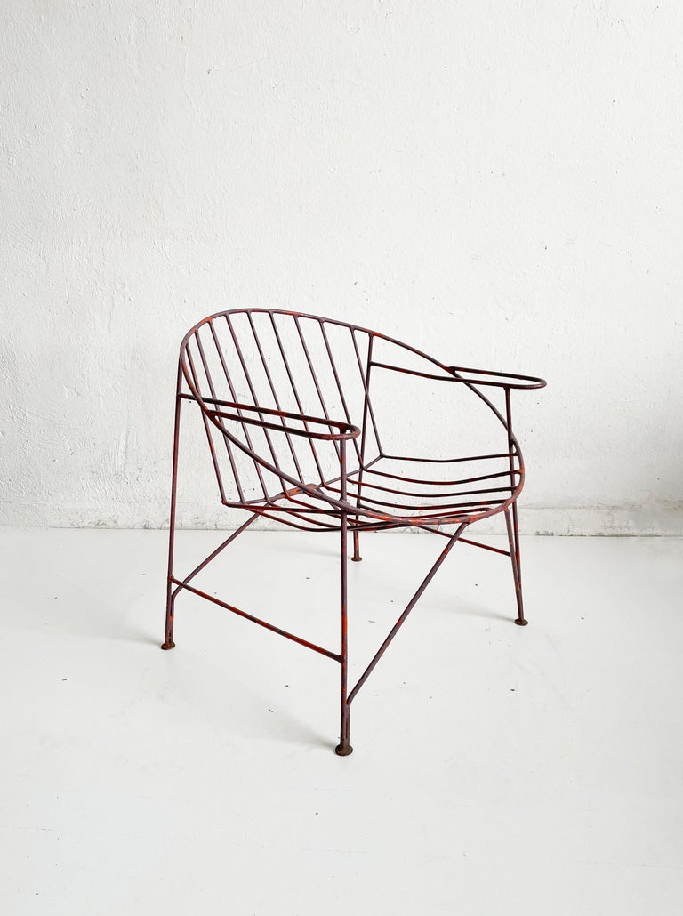 1/4 French Artisanal Mid Century Red Painted Hand Wrought Iron Chair, ca 1950s 2