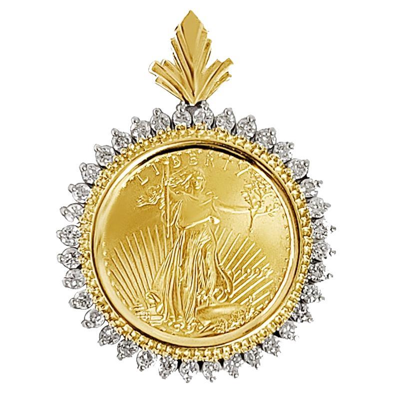 Pendentif en forme de médaillon à diamants American Eagle Lady Liberty 1/4OZ  en vente