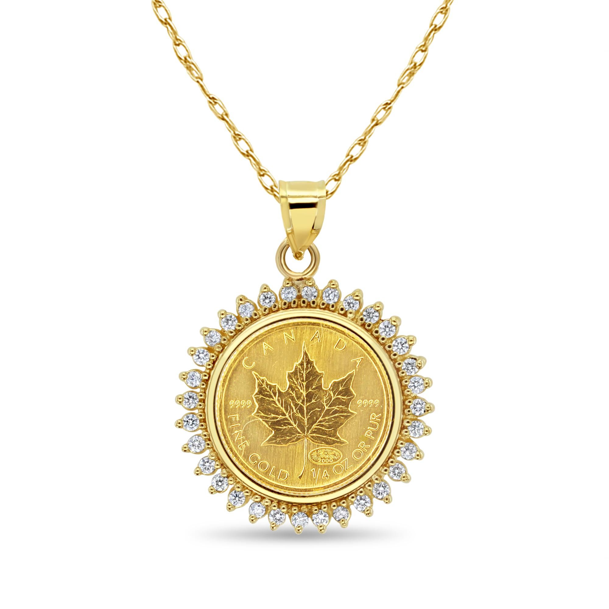 Taglio rotondo Collana di monete d'oro canadese da 1/4OZ con foglia d'acero e diadema in oro giallo 14k in vendita
