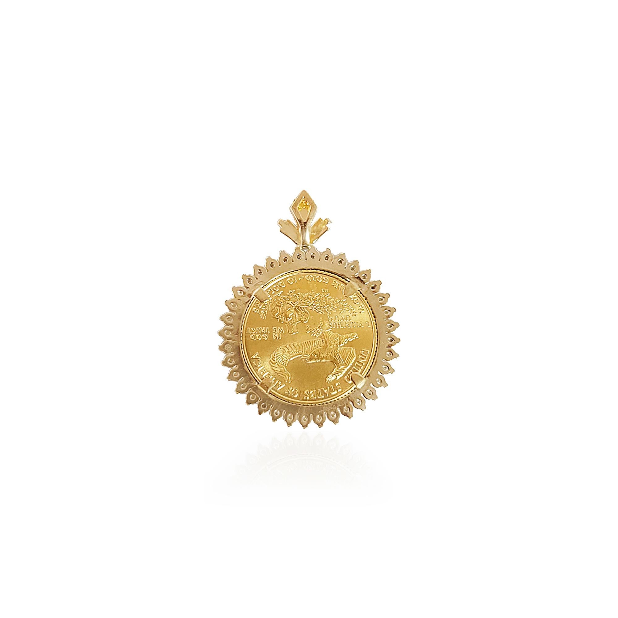 ♥ Coin Information ♥

Coin Metal: 22K Fine Gold
Metal Content: 1/4OZ Fine Gold
Denomination: $10
Obverse: Lady Liberty Holding Branch & Torch
Reverse: Flying Eagle
Year: Varies
Total Weight: 20+ grams
**Pendant Only 

♥ Bezel Information ♥

Main