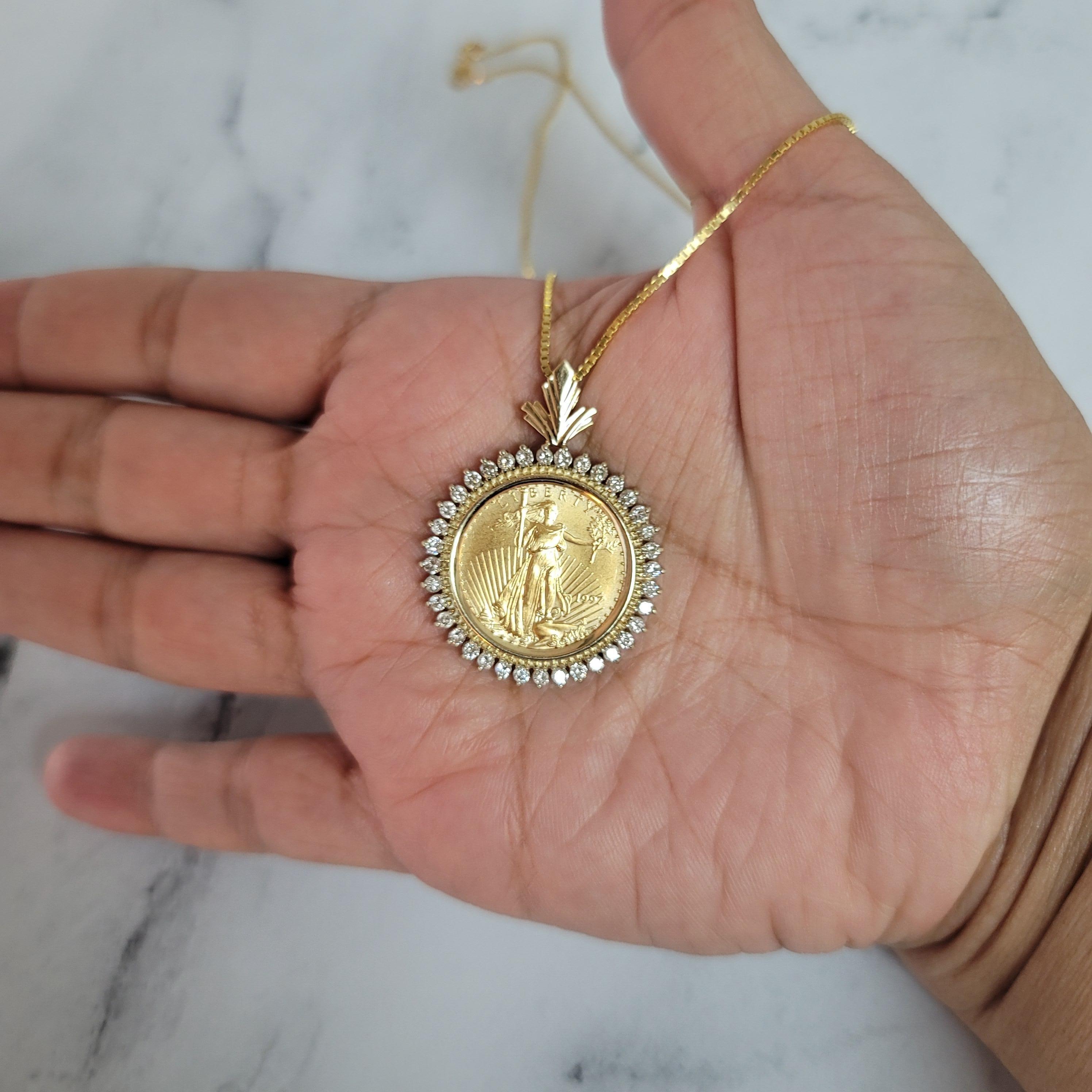 Round Cut 1/4OZ Fine Gold Lady Liberty Medallion with Diamond Halo Pendant For Sale