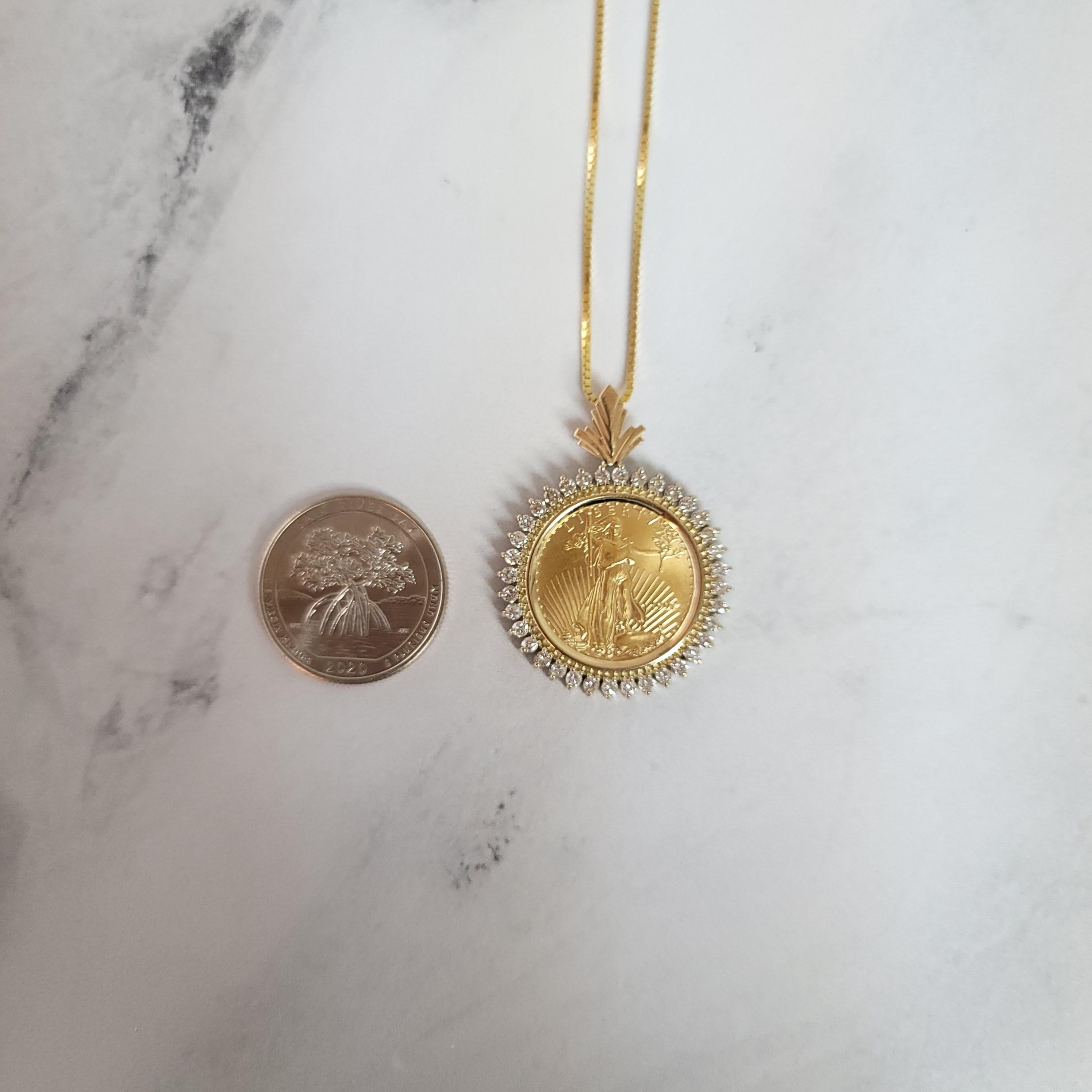 1/4OZ Fine Gold Lady Liberty Medallion with Diamond Halo Pendant In New Condition For Sale In Sugar Land, TX