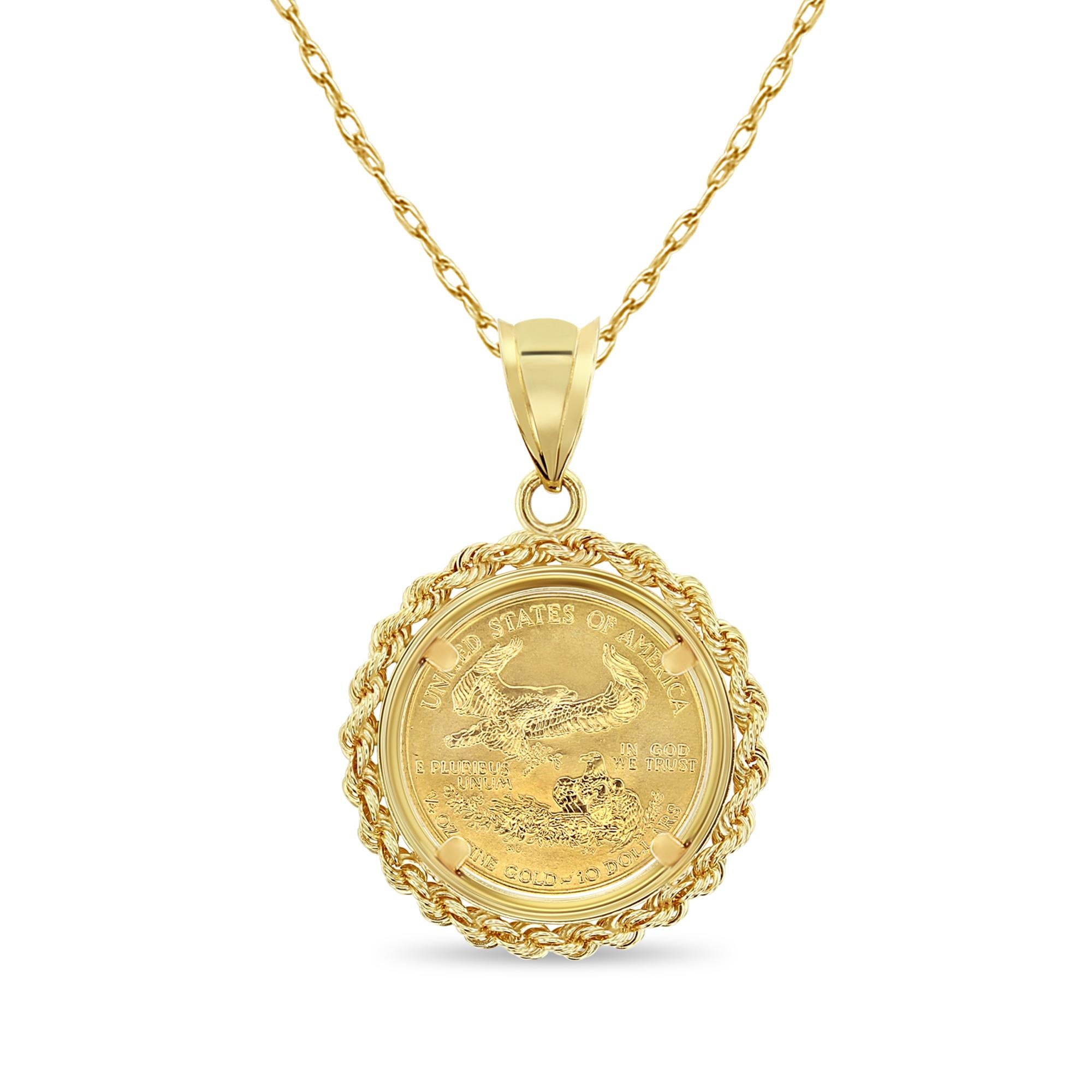 ♥ Coin Information ♥

Coin Metal: 22K Fine Gold
Metal Content: 1/4OZ Fine Gold
Denomination: $10
Obverse: Lady Liberty Holding Branch Torch
Reverse: Flying Eagle
Year: Varies

♥ Bezel Information ♥

Style: Rope Setting
Setting Material: 14k Yellow