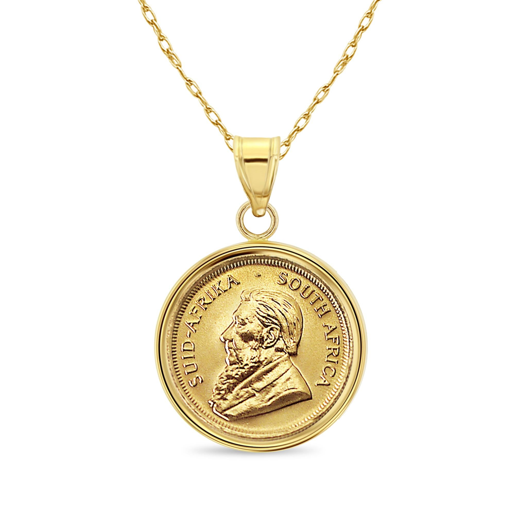 Women's or Men's 1/4OZ South African Krugerrand Coin Necklace with Polished Halo For Sale