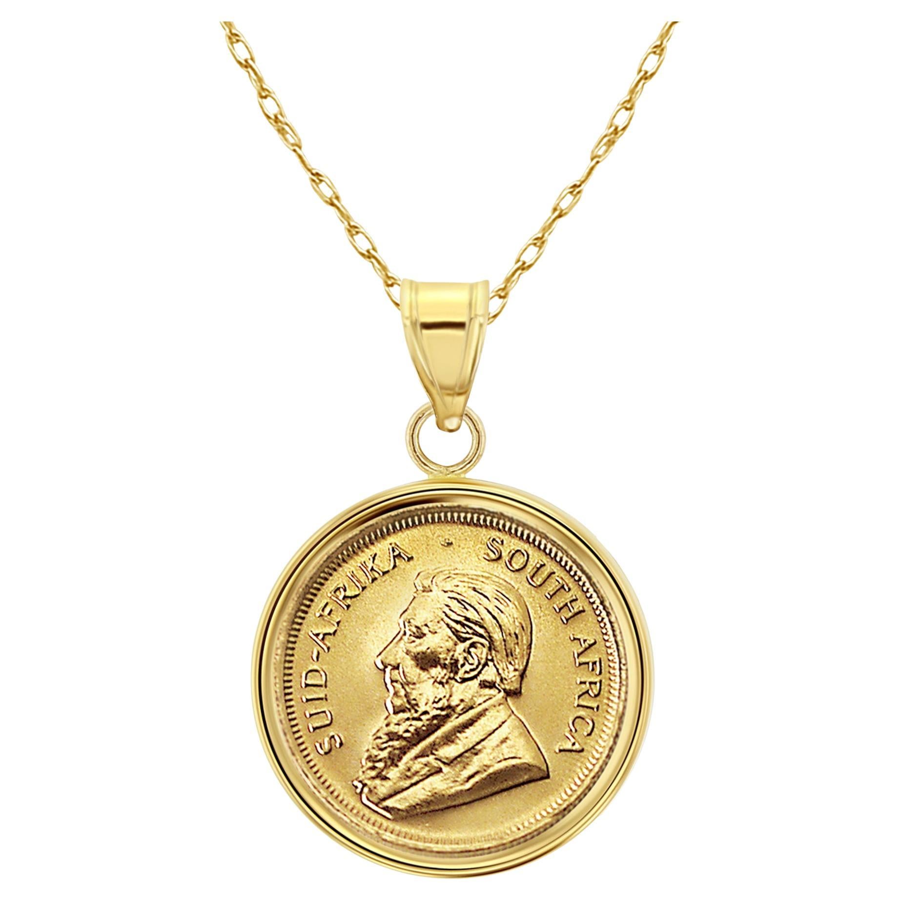 1/4OZ South African Krugerrand Coin Necklace with Polished Halo For Sale
