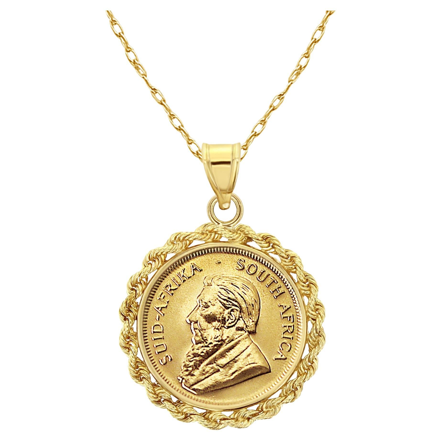 1/4OZ South African Krugerrand Coin Necklace with Rope Halo For Sale