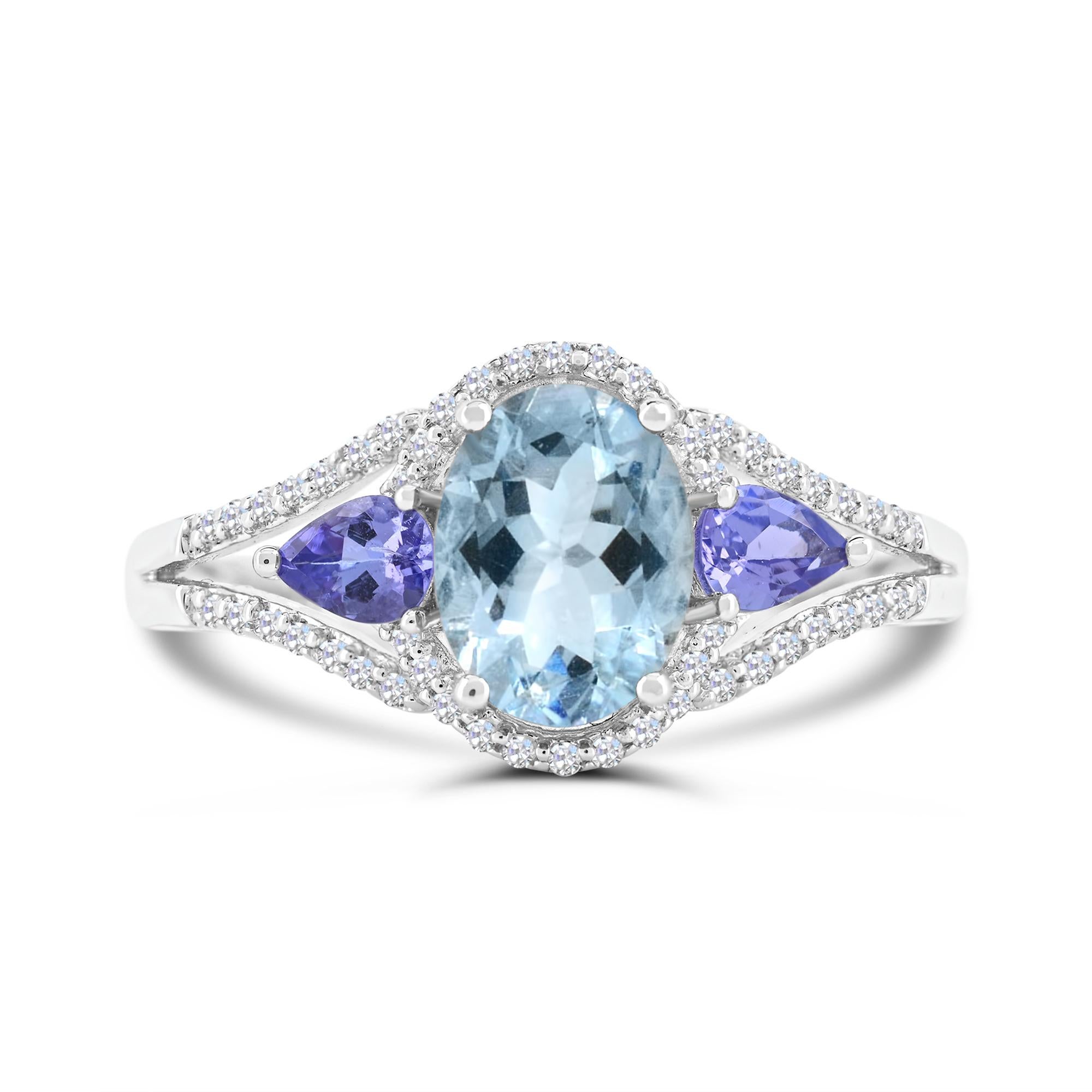 Contemporary 1-5/8 ct. Aquamarine and Tanzanite with Diamond Accent Sterling Silver Ring  For Sale