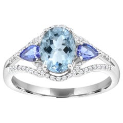 1-5/8 ct. Bague en argent sterling ornée d'aigue-marine, de tanzanite et de diamants 