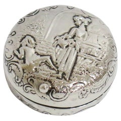 Sterling Silver Vintage American Girl w/ Basket Round Snuff/Pill Box