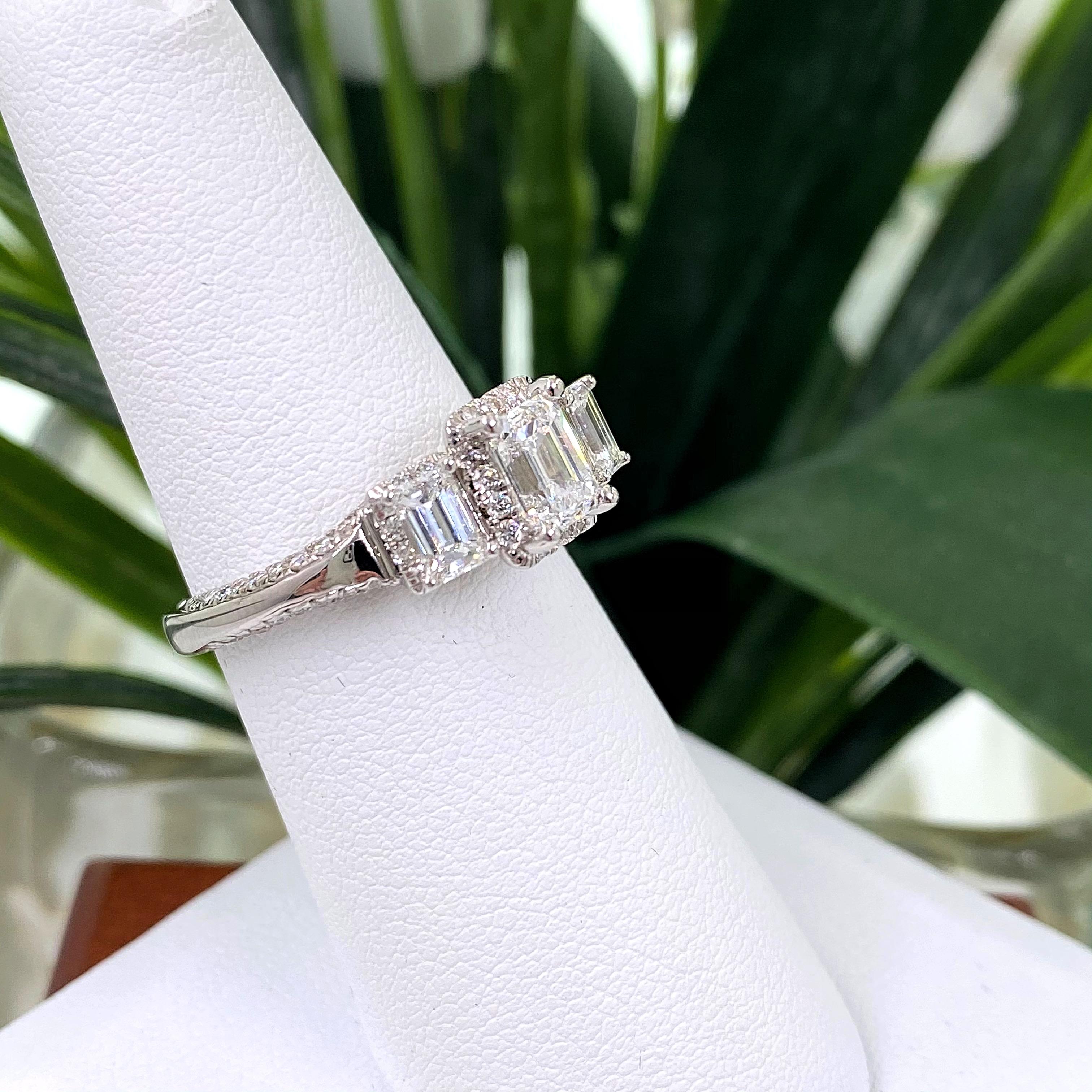 1 5/8 tcw Emerald Cut Diamond Past Present Future Frame Engagement Ring 14K WG 1