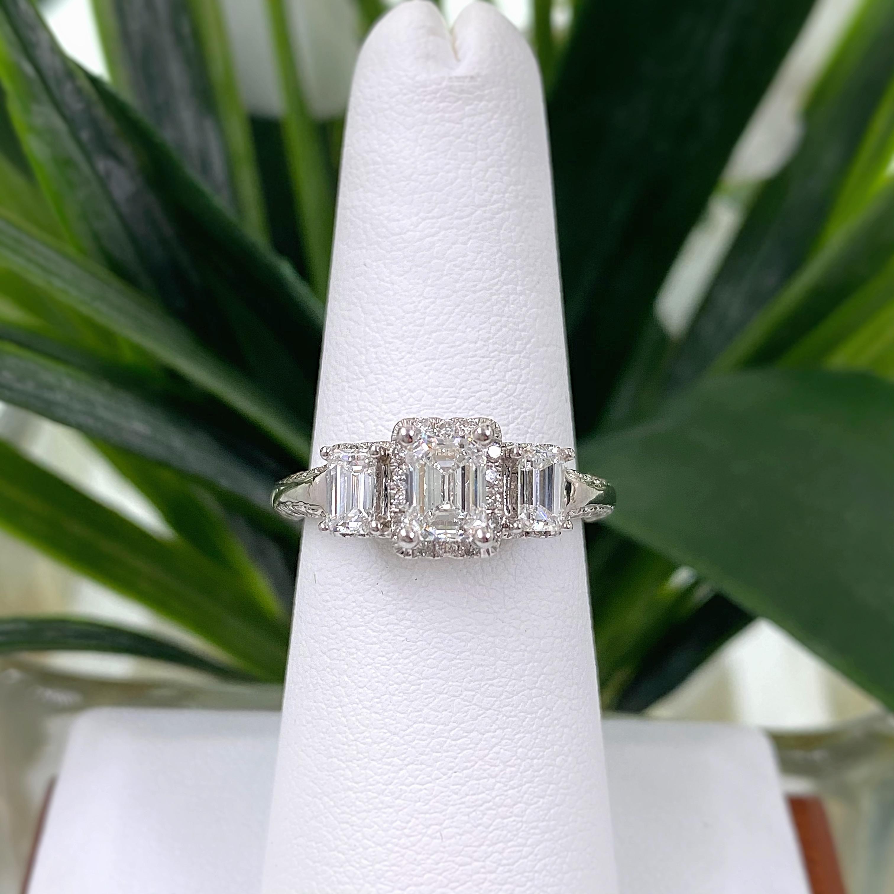 1 5/8 tcw Emerald Cut Diamond Past Present Future Frame Engagement Ring 14K WG 2
