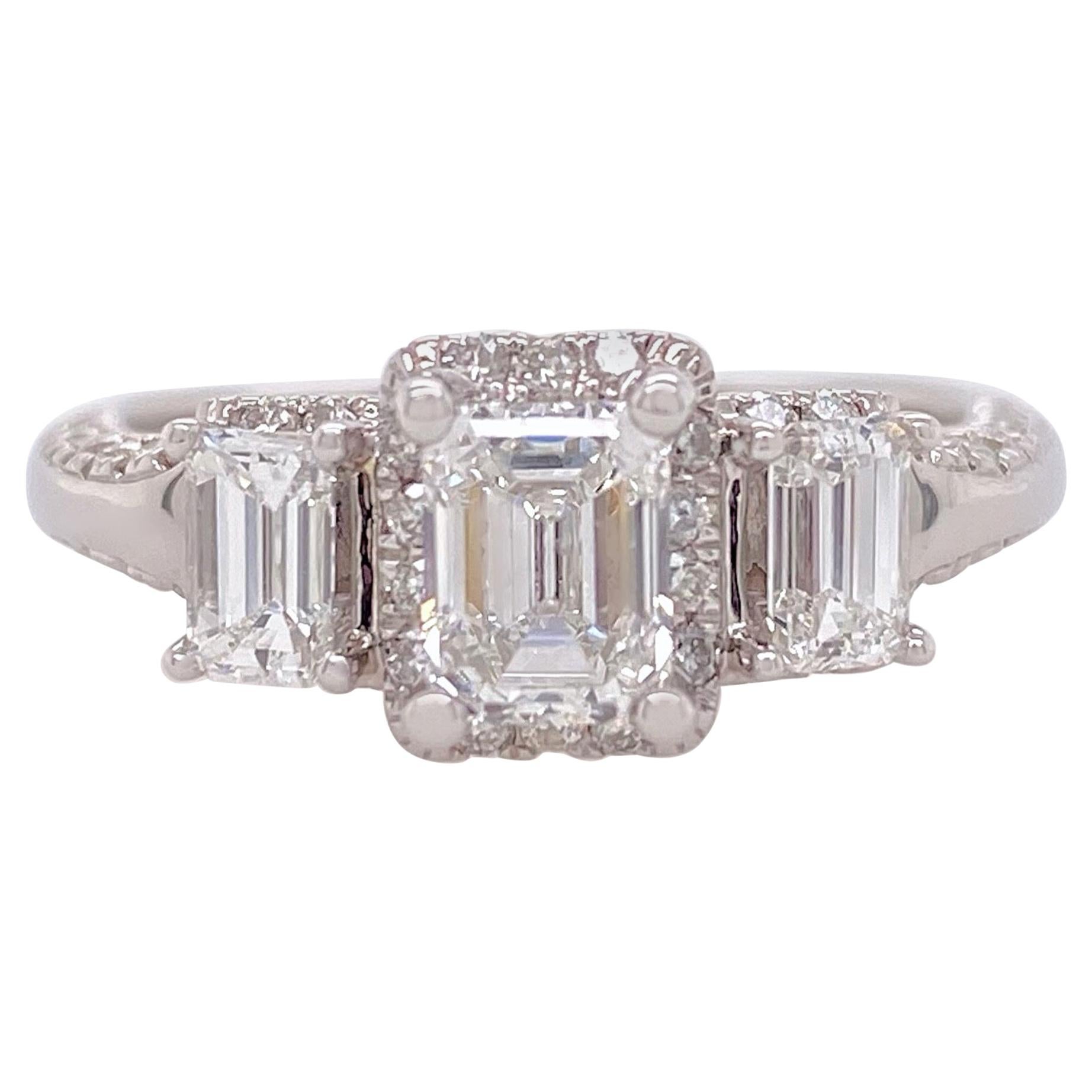 1 5/8 tcw Emerald Cut Diamond Past Present Future Frame Engagement Ring 14K WG