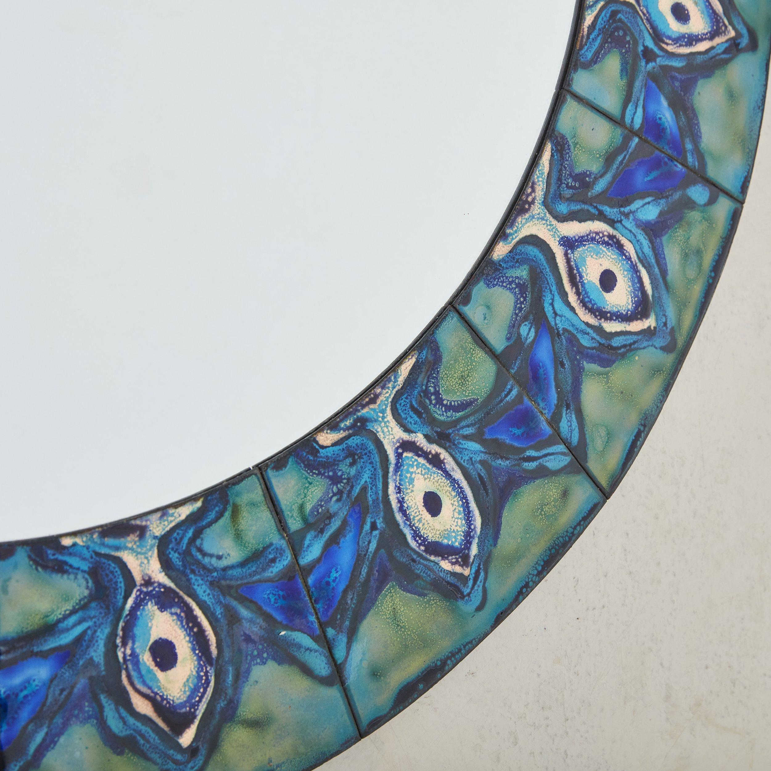 Scandinavian Modern 1/5 Blue Hand-Painted Enamel Mirror by Bodil Eje, Denmark 1960s For Sale