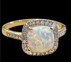 1. 5 Carat Cushion Shape Opal & Diamond Cocktail Ring 14 Karat Yellow Gold