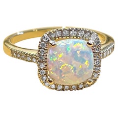 1. 5 Carat Cushion Shape Opal & Diamond Cocktail Ring 14 Karat Yellow Gold