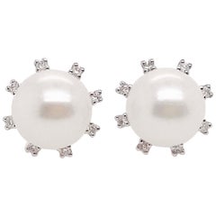 1/5 Carat Diamond and Pearl Earrings Studs in Original Velvet Seashell Box