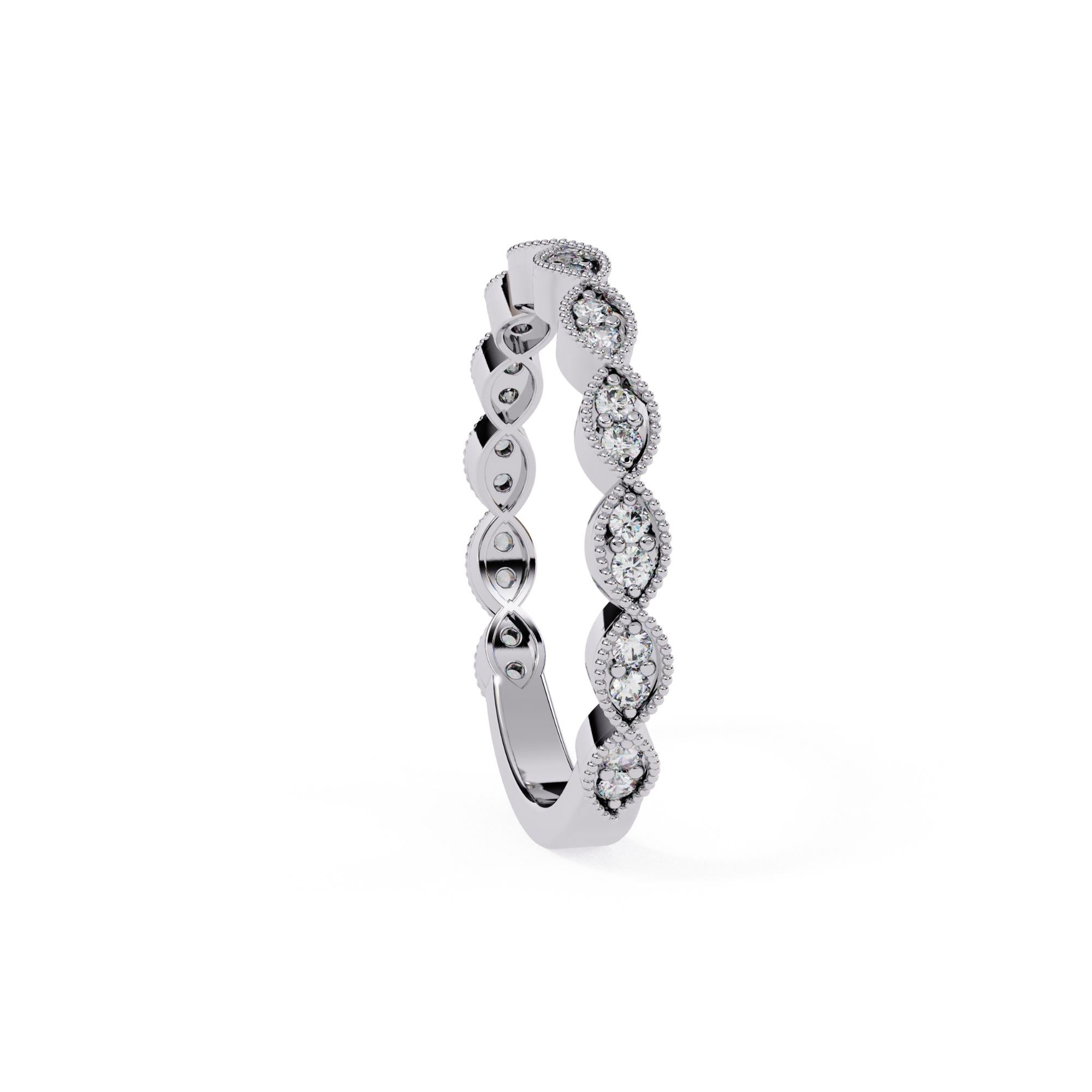 Contemporary 1/5 Ctw, Round Diamond Ring, Miligrain Marquise Shape Band, 14K Solid Gold, SI For Sale