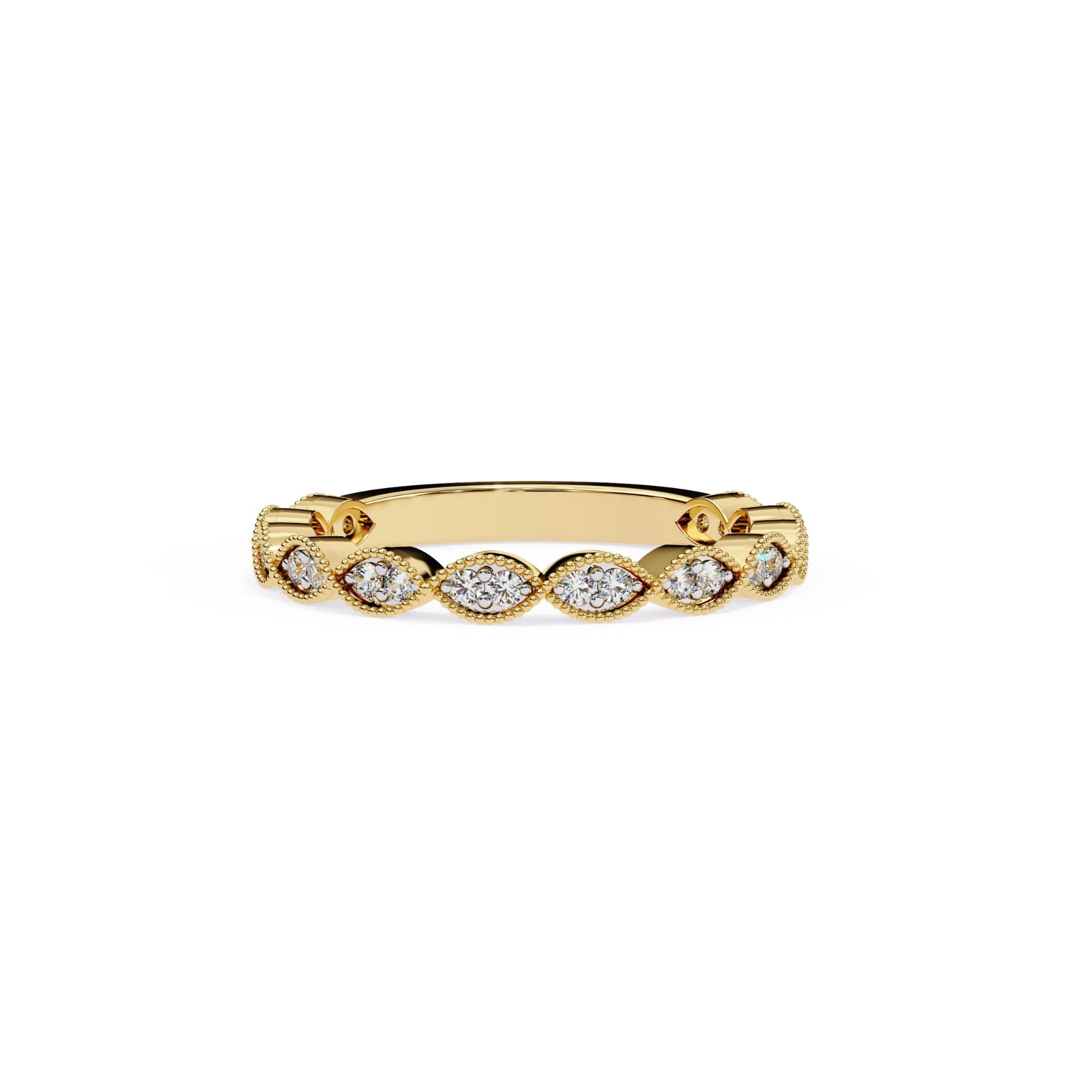 1/5 Ctw, Round Diamond Ring, Miligrain Marquise Shape Band, 14K Solid Gold, SI In New Condition For Sale In New York, NY