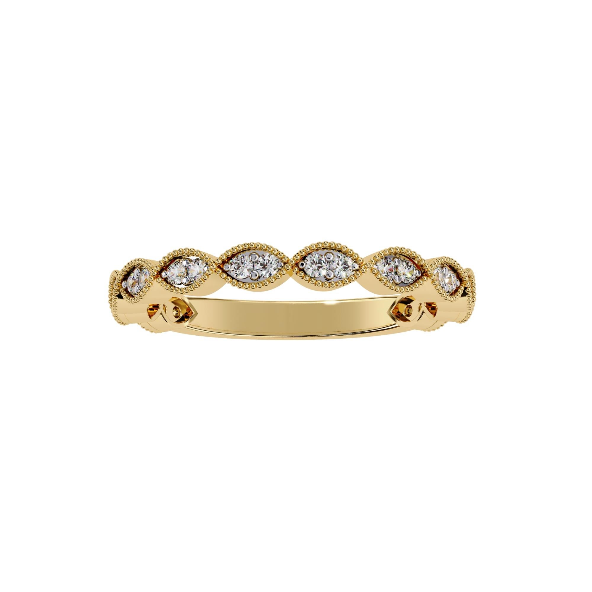 Women's or Men's 1/5 Ctw, Round Diamond Ring, Miligrain Marquise Shape Band, 14K Solid Gold, SI For Sale