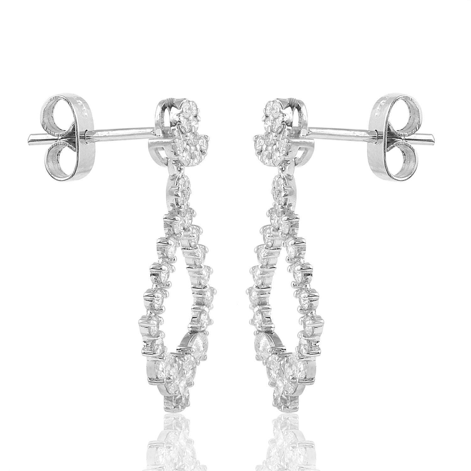 Modern 1/5Carat Pear Round Diamond Dangle Earrings 18 Karat White Gold Handmade Jewelry For Sale