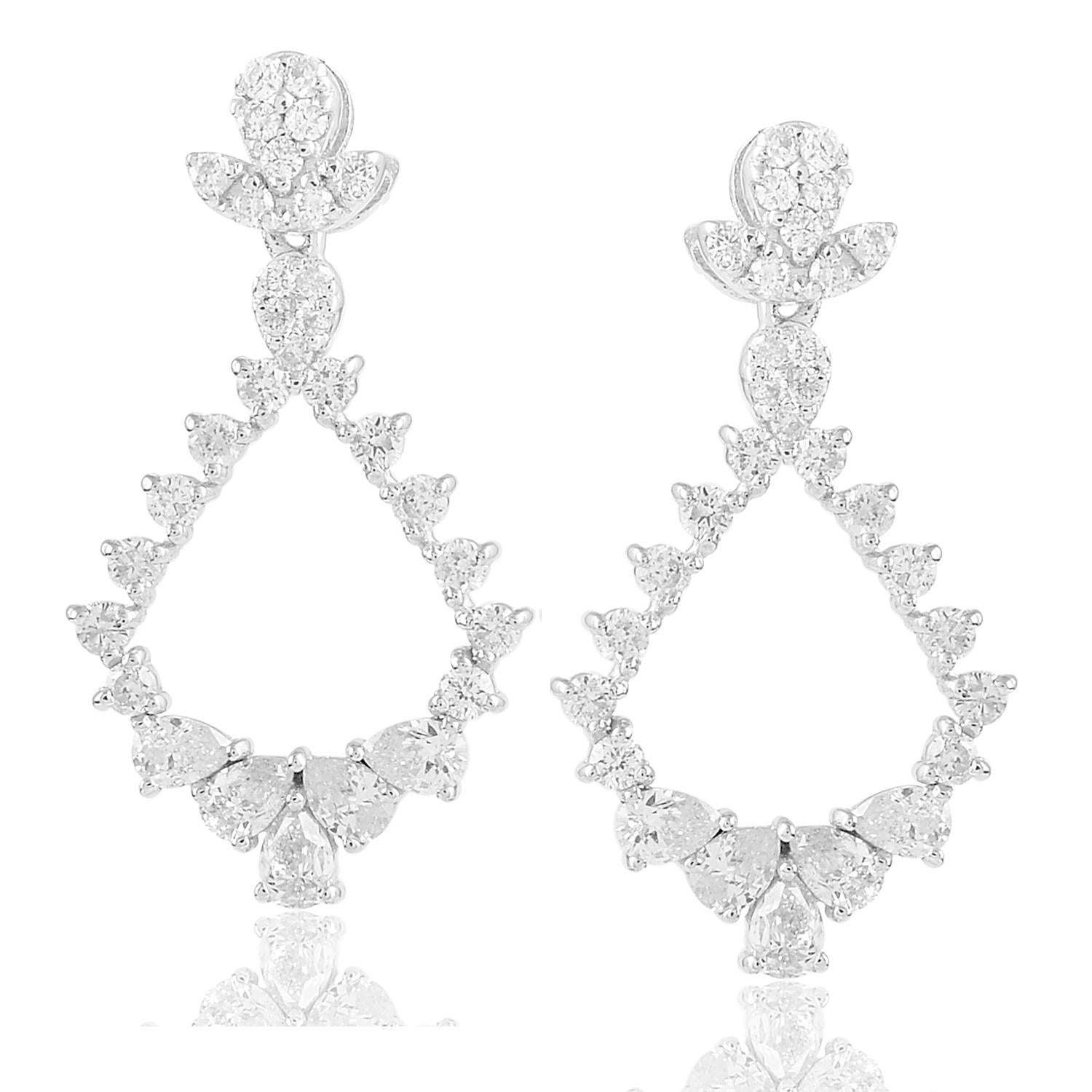 Pear Cut 1/5Carat Pear Round Diamond Dangle Earrings 18 Karat White Gold Handmade Jewelry For Sale