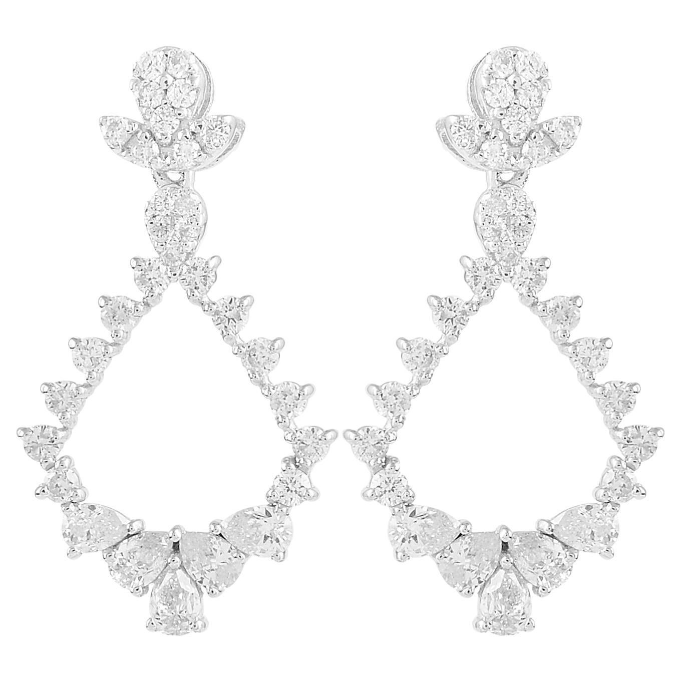Pendants d'oreilles en or blanc 18 carats avec diamants ronds en forme de poire de 1/5 carat, fabrication artisanale