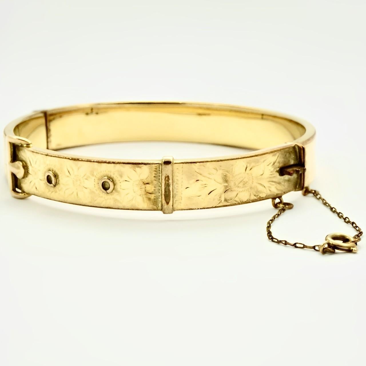  Bracelet jonc en or jaune 9 carats avec boucle gravée à fleurs, estampillé JS, 1/5e Unisexe 
