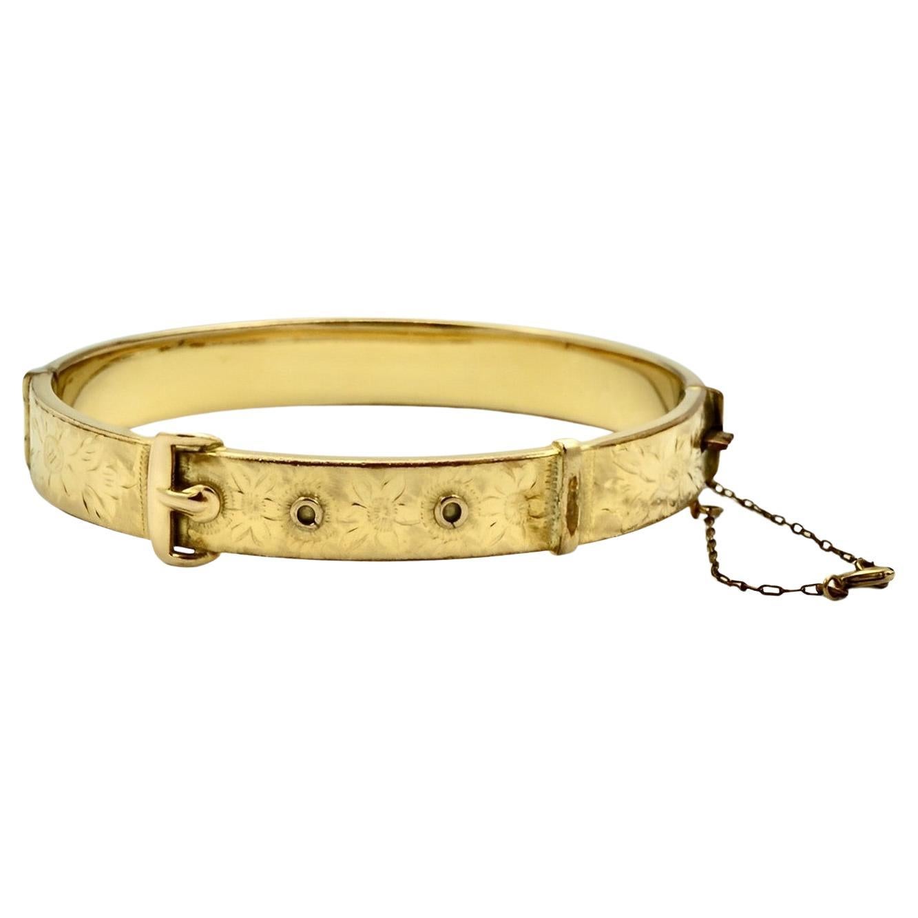 1/5th 9CT Yellow Rolled Gold Floral Engraved Buckle Bangle Bracelet stamped JS For Sale