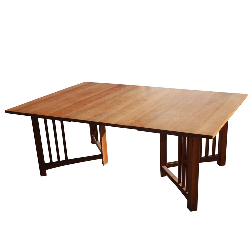 Oak Extension Mission Arts and Crafts Trestle Table For Sale