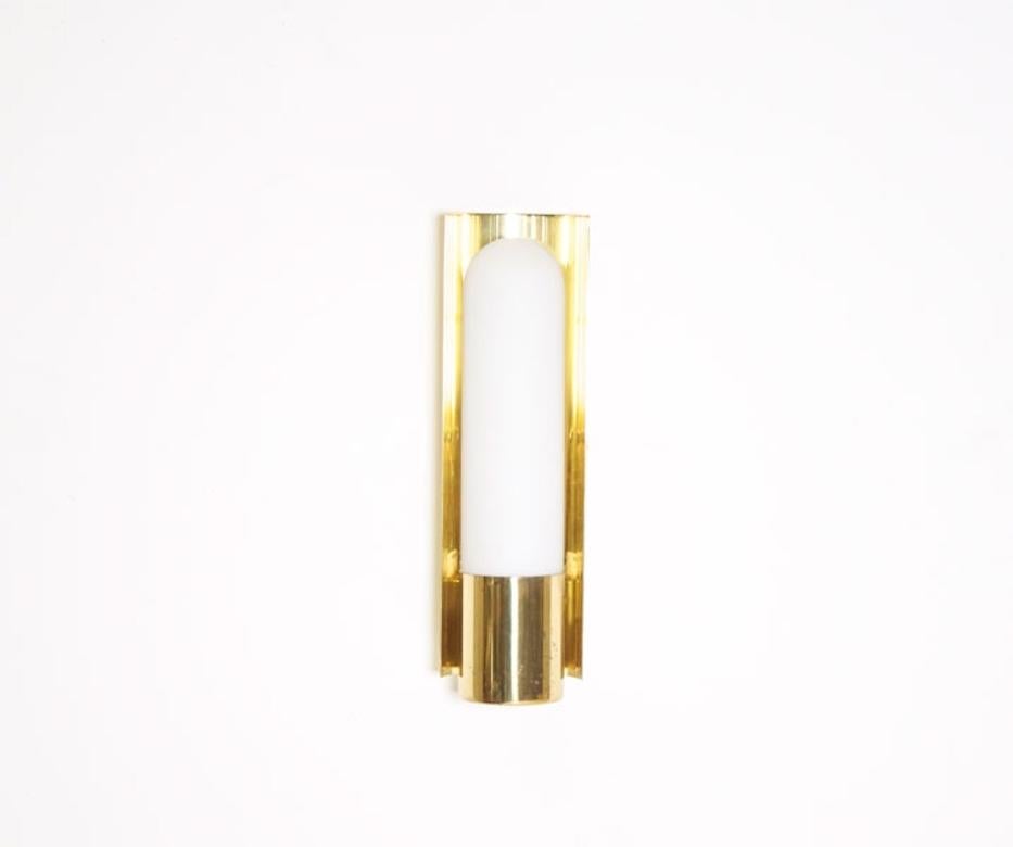 Hollywood Regency 1/8 Brass and Opaline Glashütte Limburg Sconces, 1970s For Sale